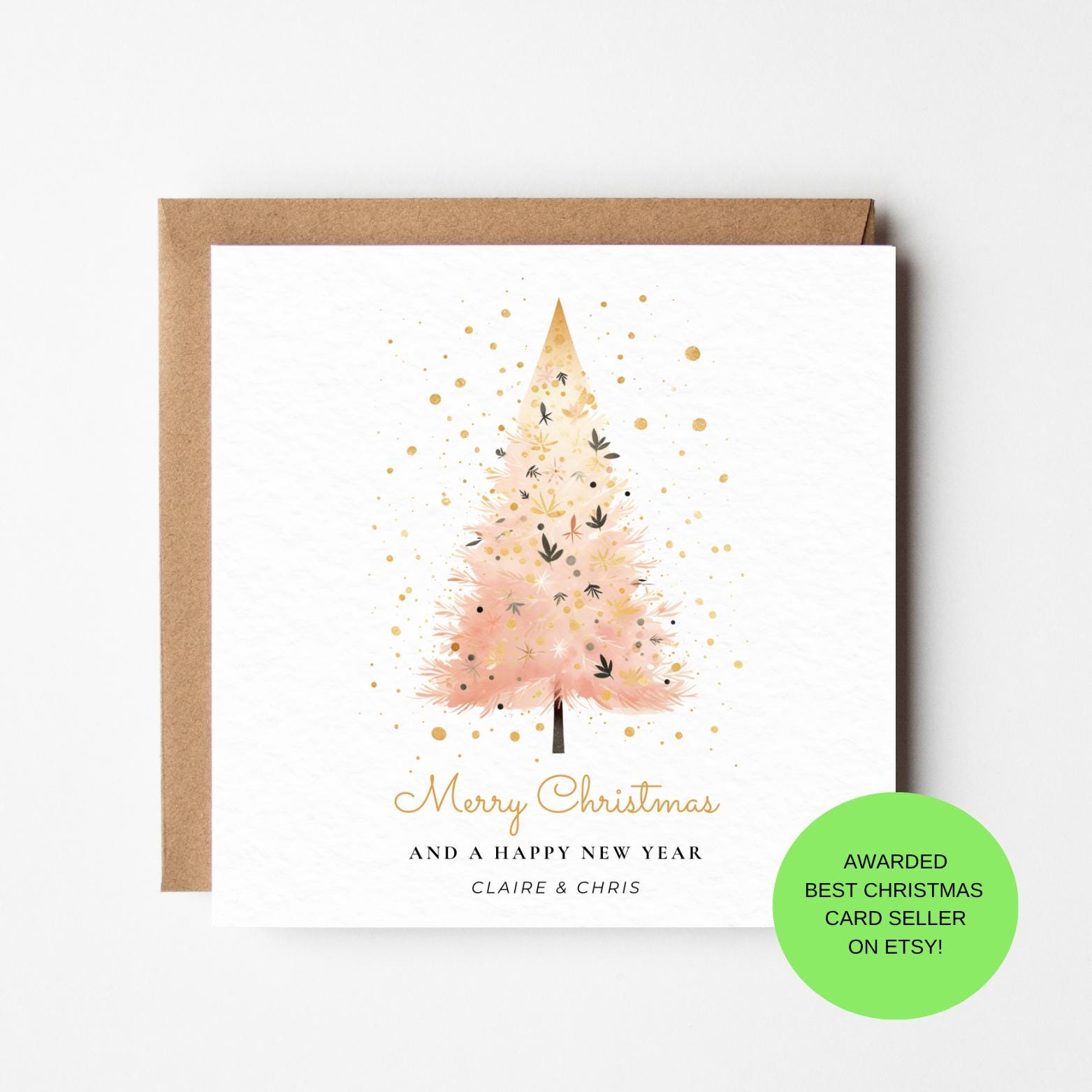 Gold Christmas Tree Card: Personalised Elegant Handmade Xmas