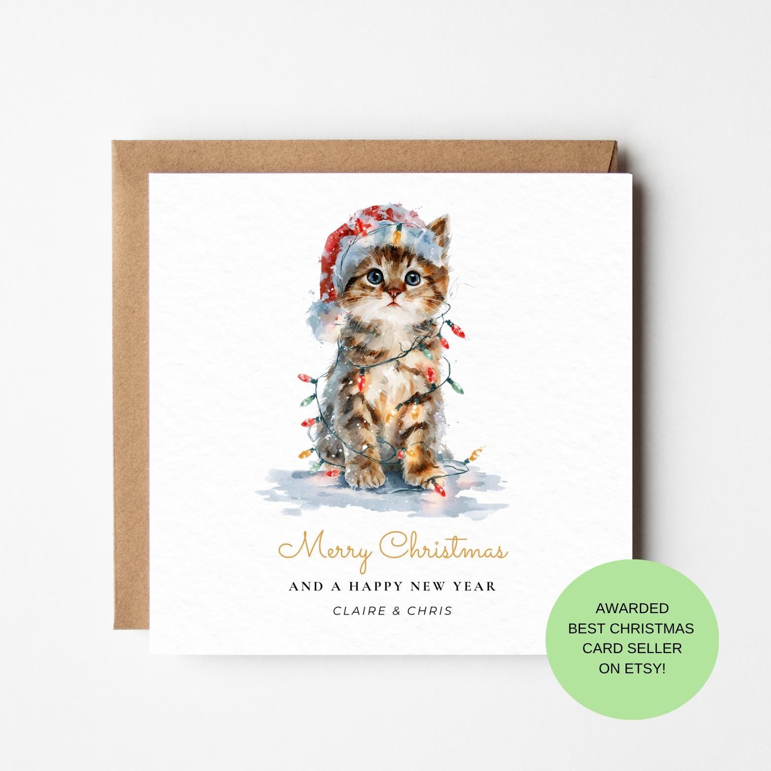 Kitten Christmas Card – Cat in Santa Hat, Fairy Lights Holiday Card