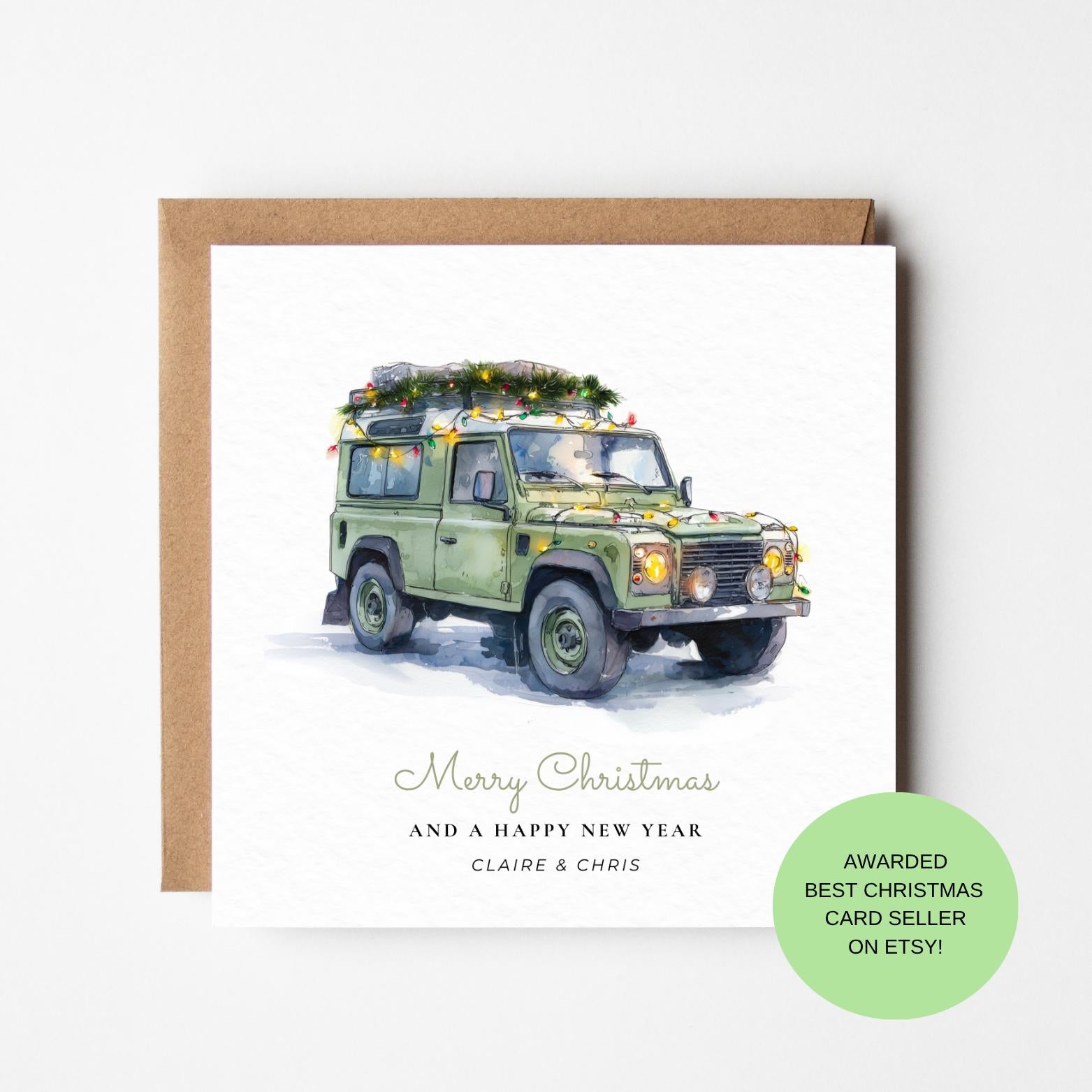 Land Rover Christmas Card – Green Defender with Tree and Fairy Lights, Countryside Holiday Card