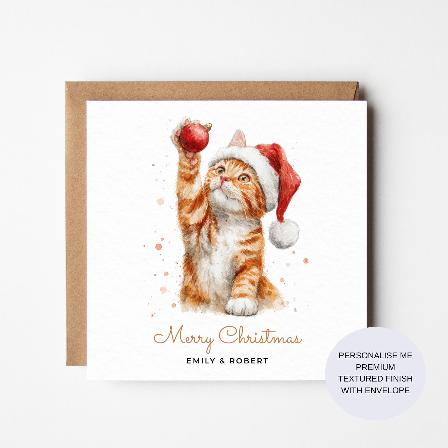 Christmas Cat Card: Ginger Kitten Illustration (Personalised Holiday Greeting)