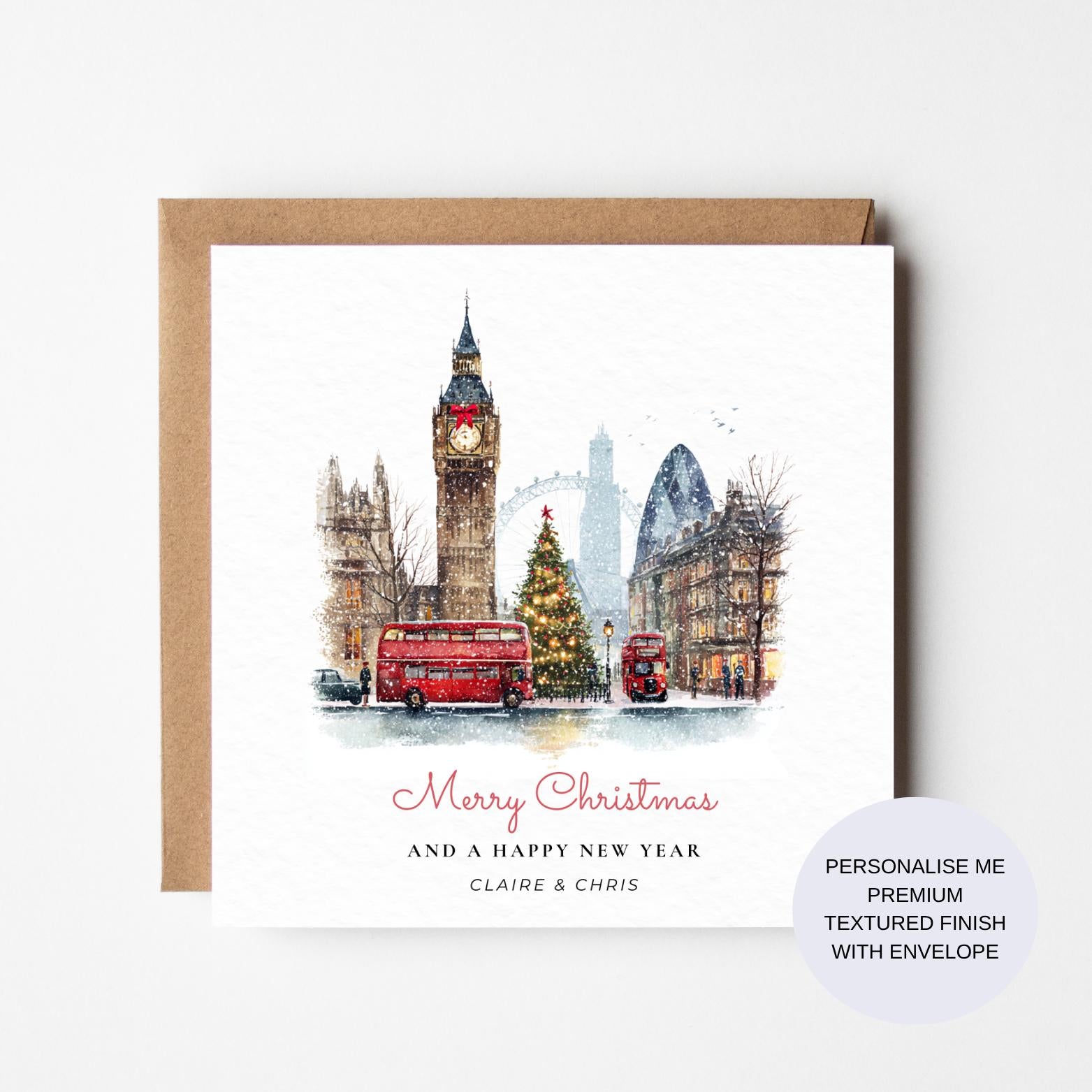 London Christmas Card - Big Ben and Red Double-Decker Bus Design