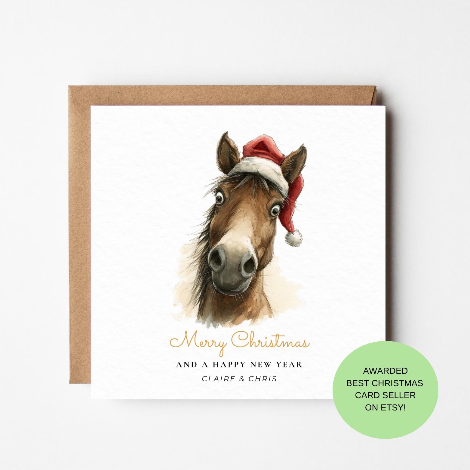 Funny Horse Christmas Card – Horse in Santa Hat, Humorous Animal Holiday Greeting