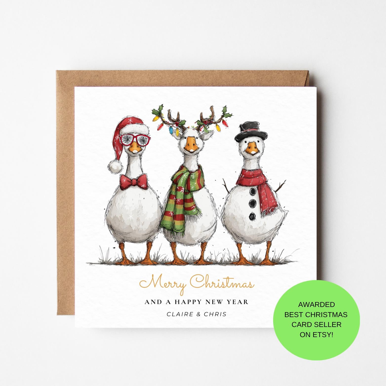 Duck Christmas Card - Custom Name, Festive Animal Holiday Design