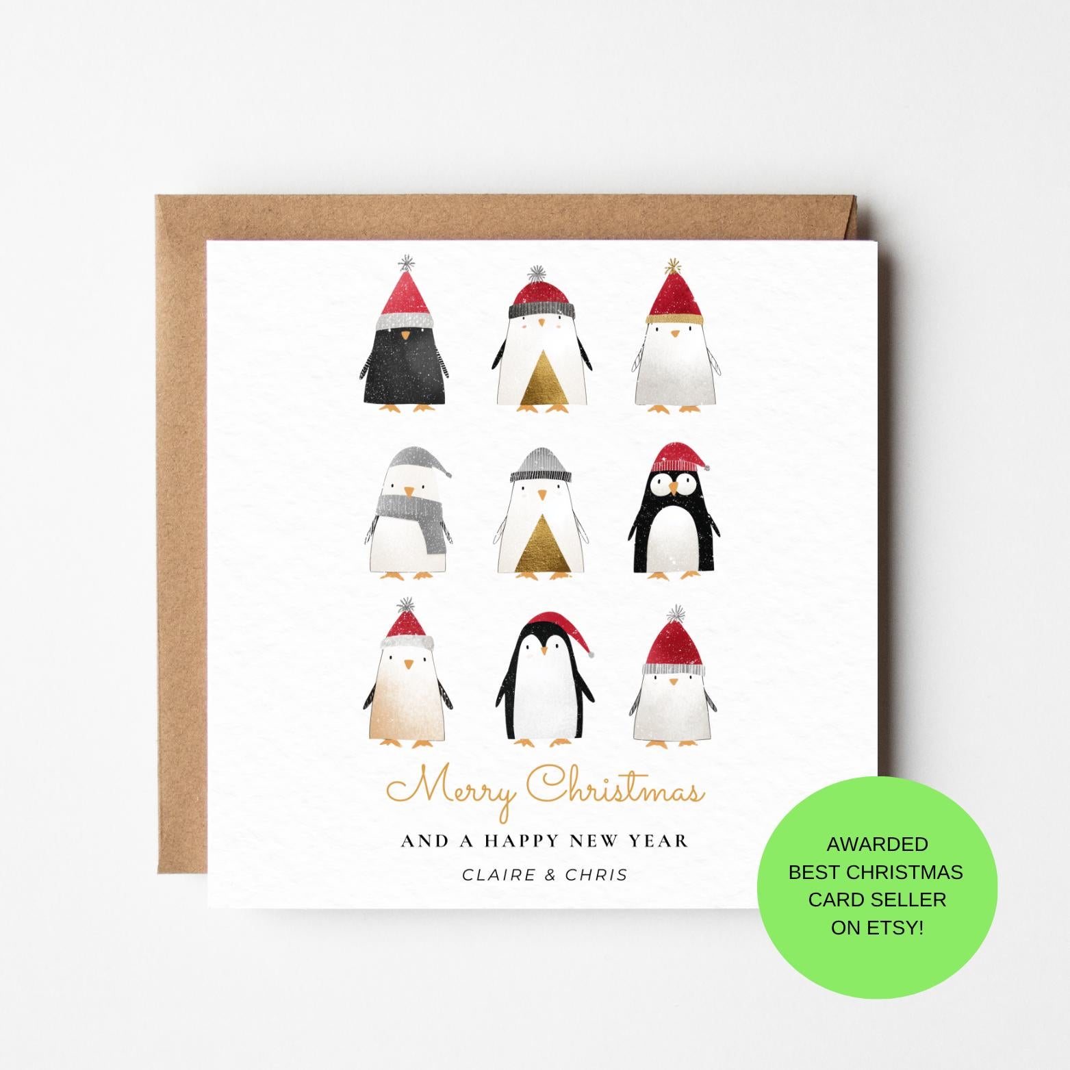 Personalized Penguin Christmas Card: Handmade Holiday Animal Design