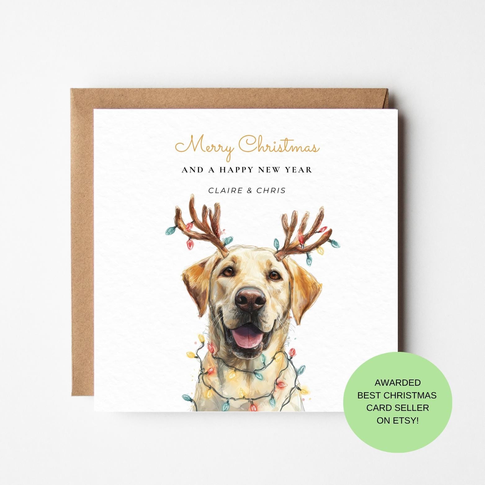 Labrador Christmas Card – Dog Reindeer Antlers, Festive Lights