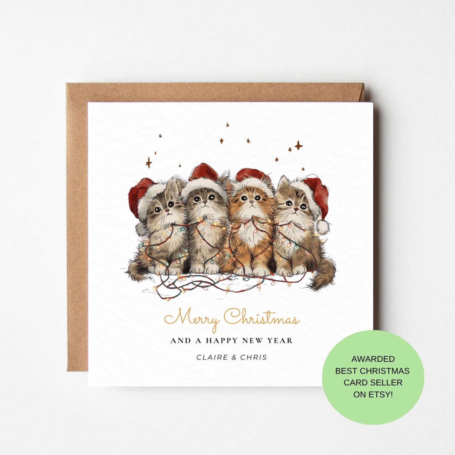 Kittens Christmas Card – Tangled in Fairy Lights Holiday Greeting