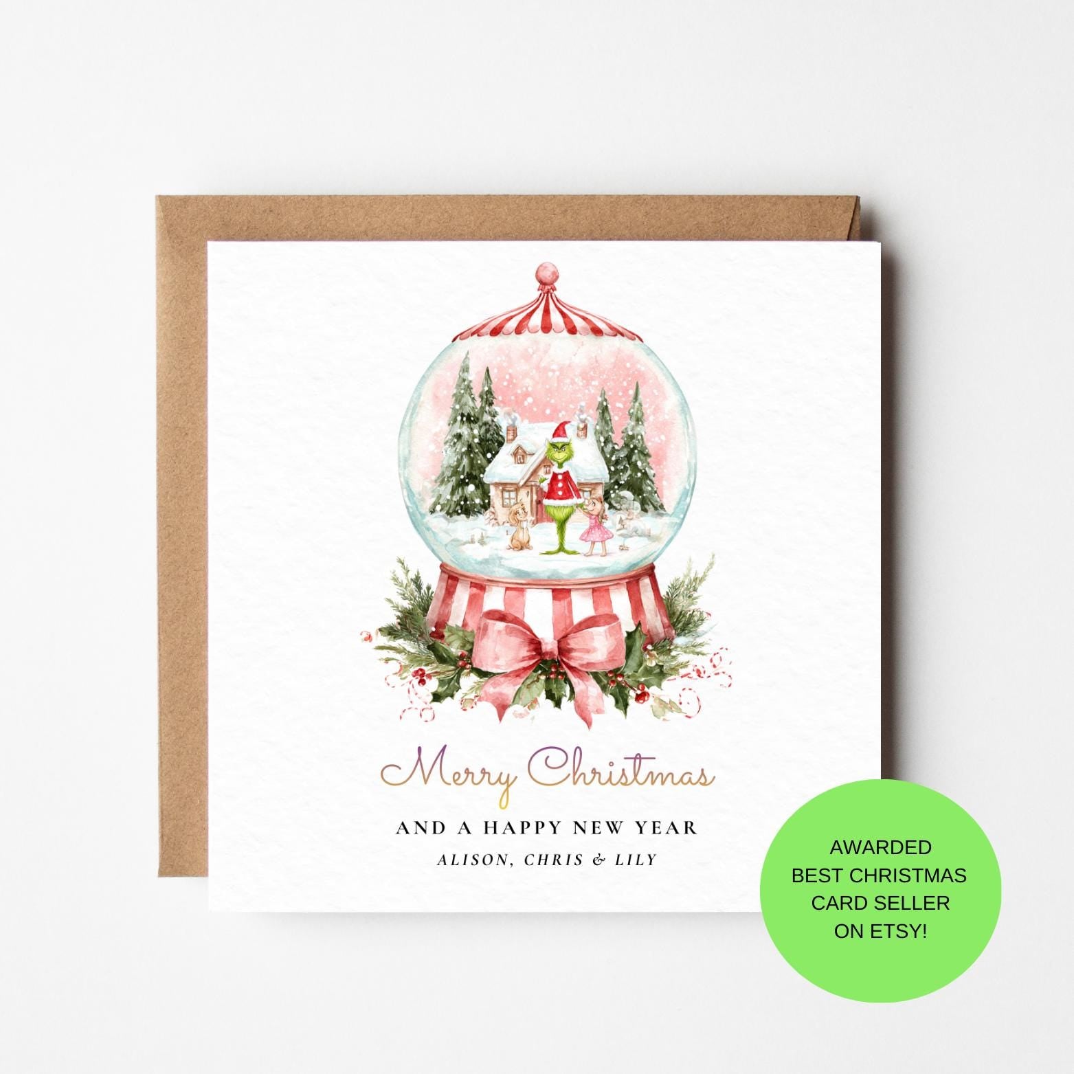 Grinch Snow Globe Christmas Card, Holiday Illustration (Personalised)
