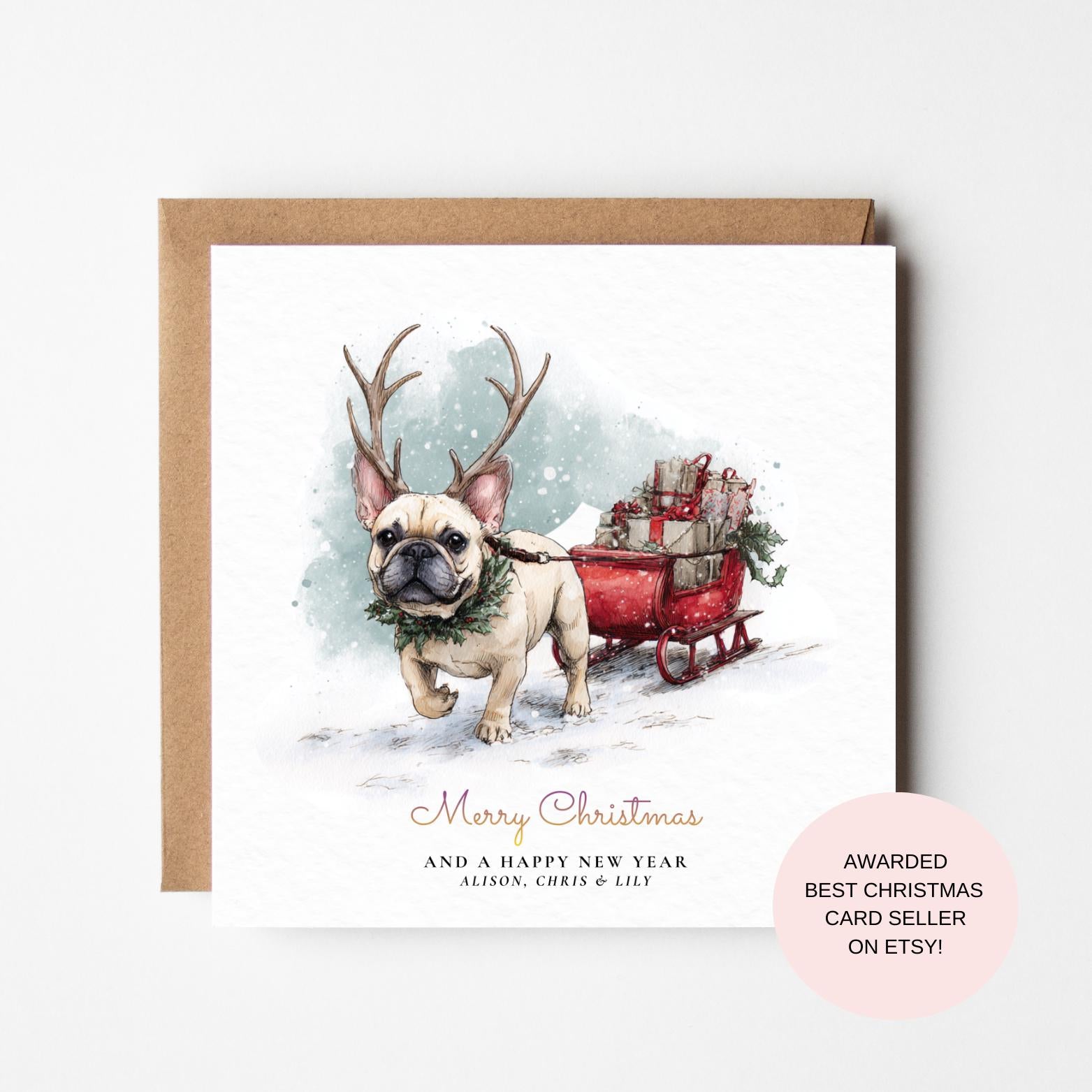French Bulldog Christmas Card: Cute Frenchie with Reindeer Antlers