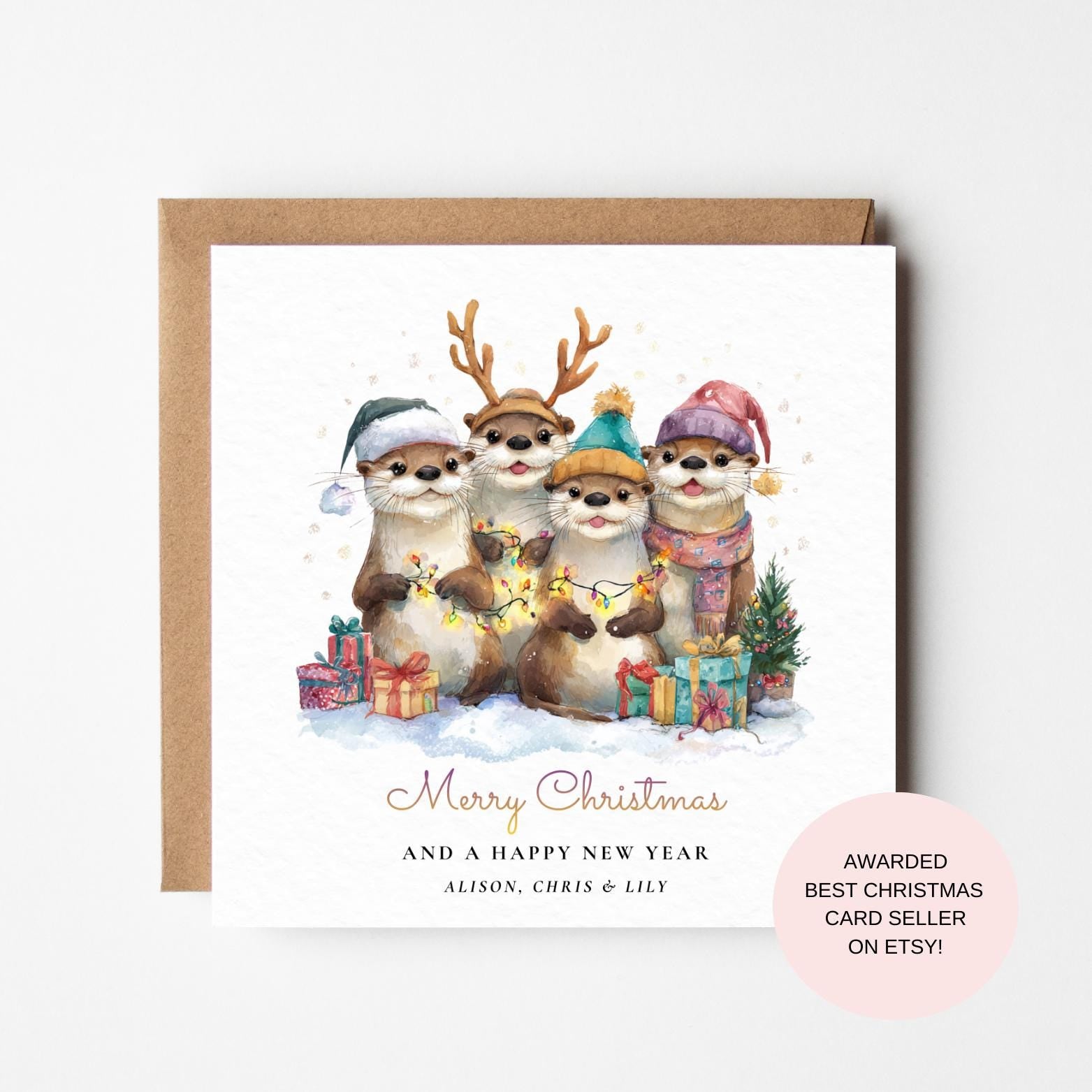 Christmas Card: Adorable Otters with Hats and Presents - Holiday Cheer