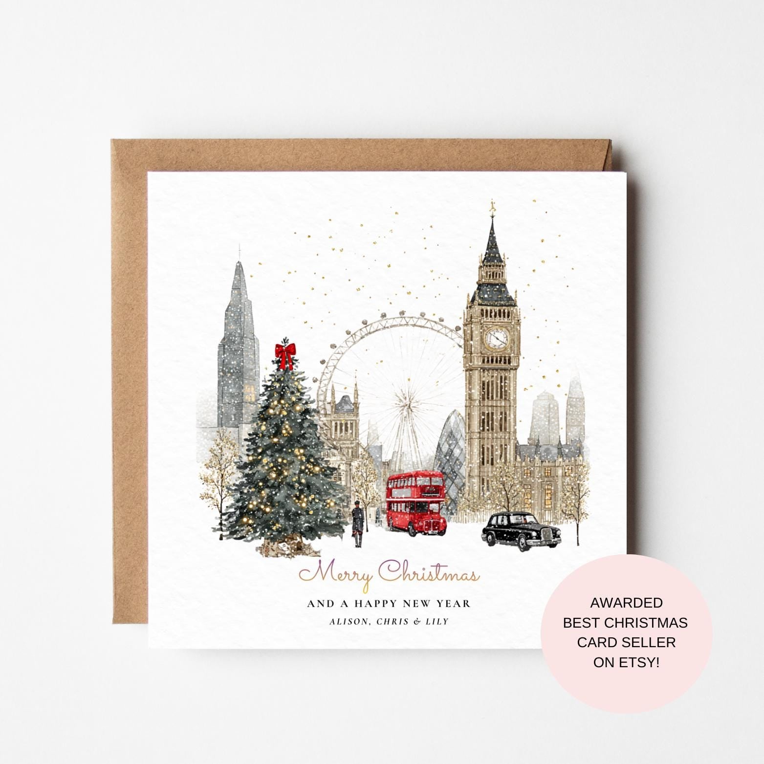 London Christmas Card: Big Ben, Red Bus & Festive Skyline