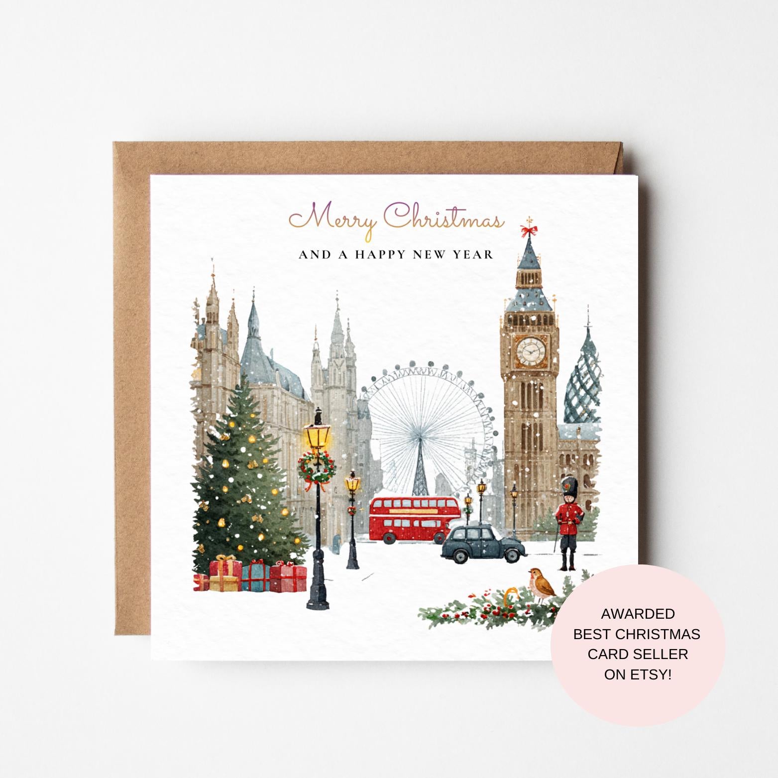 Classic London Christmas Card: Red Bus, Black Cab, Big Ben