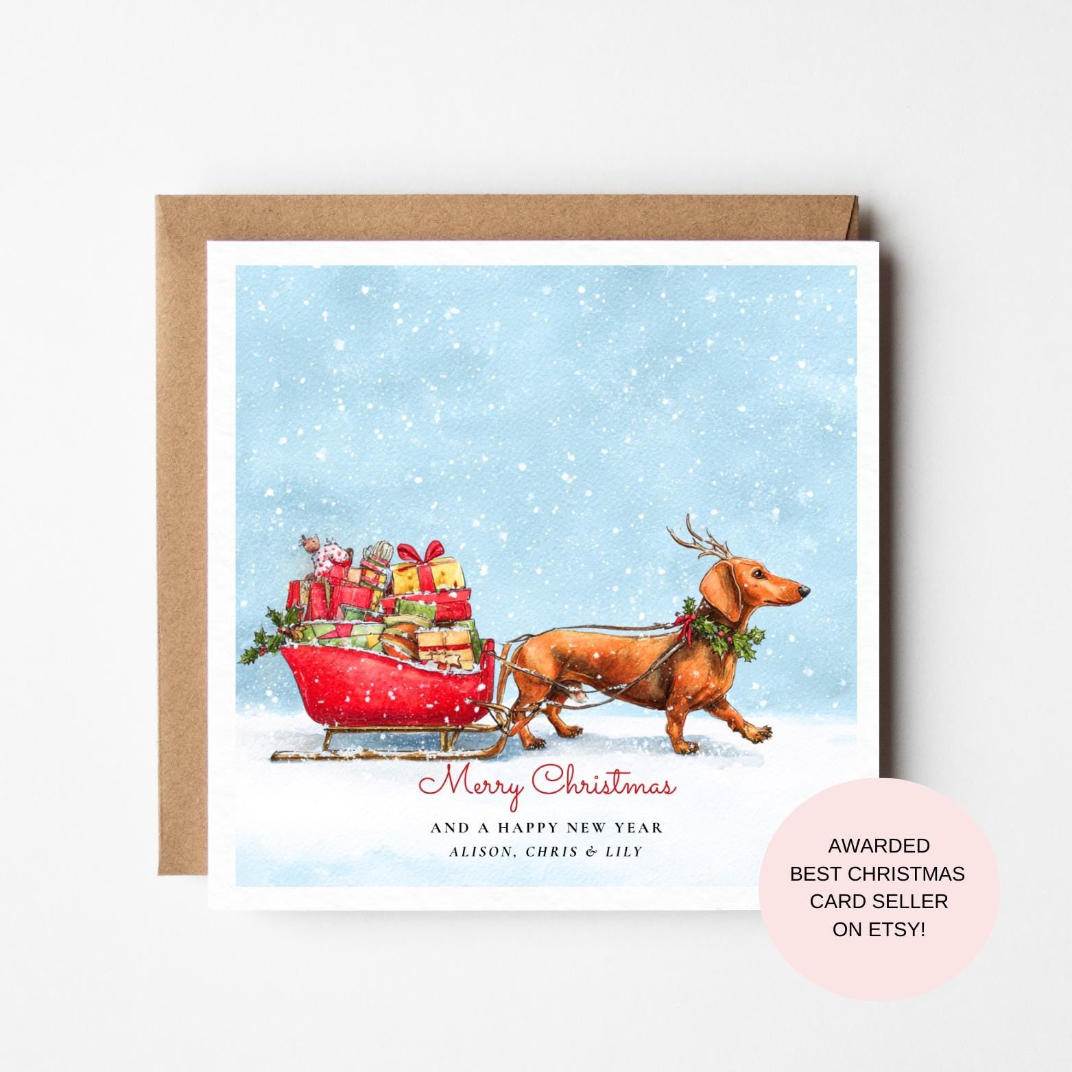 Christmas Card: Dachshund Pulling Sleigh