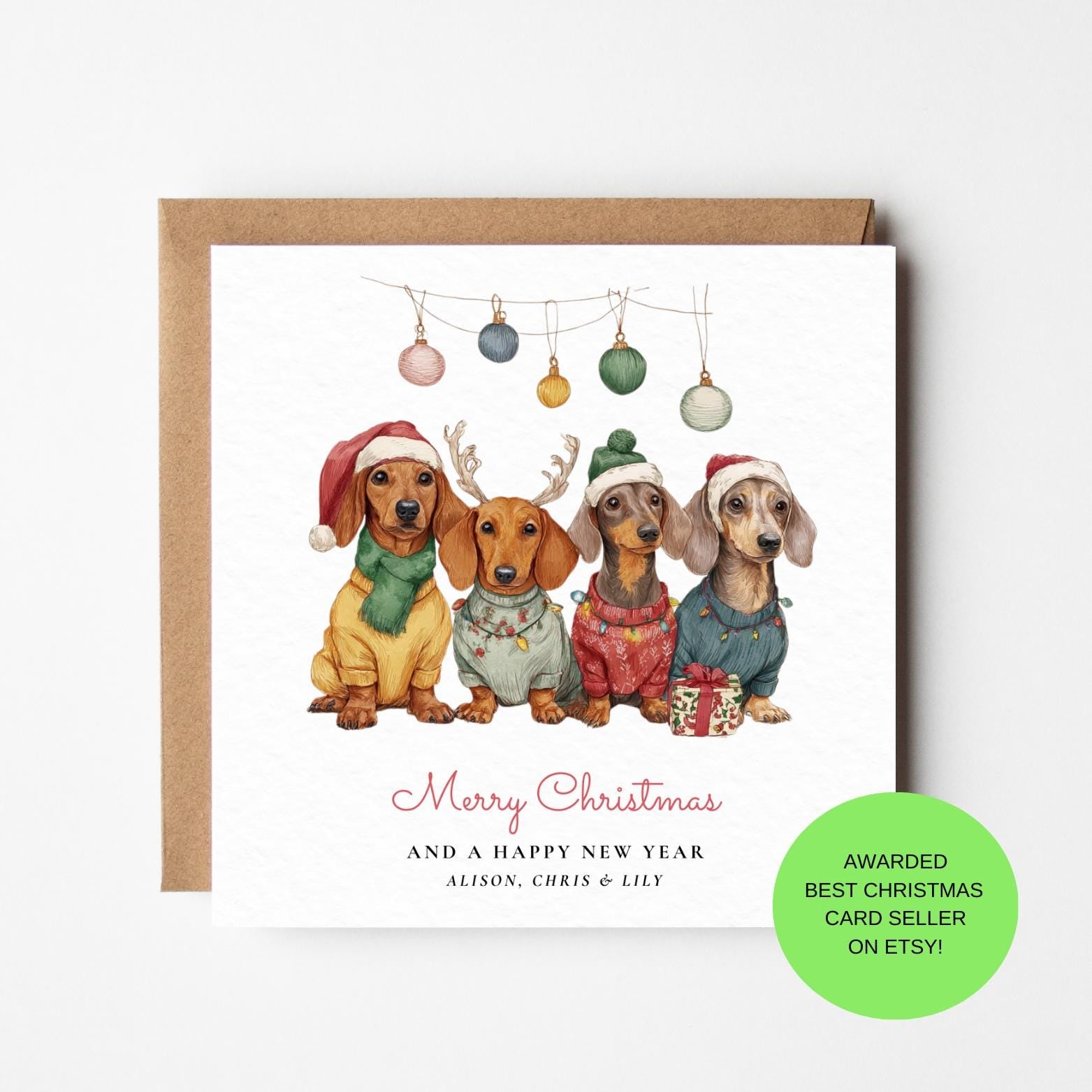 Personalized Dachshund Christmas Card • Festive Sausage Dog Design