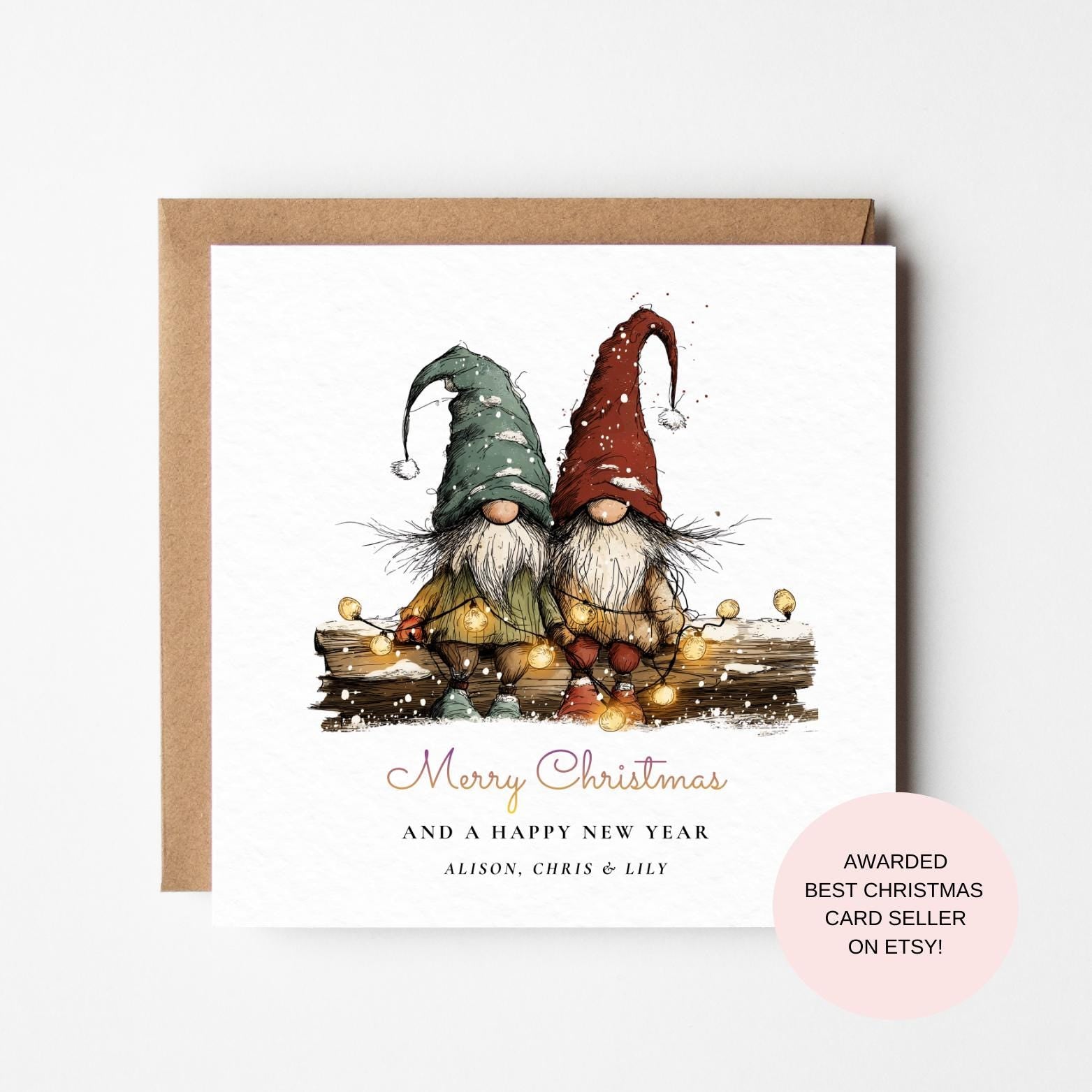 Gnome Christmas Card: Two Scandinavian Gnomes with Lights
