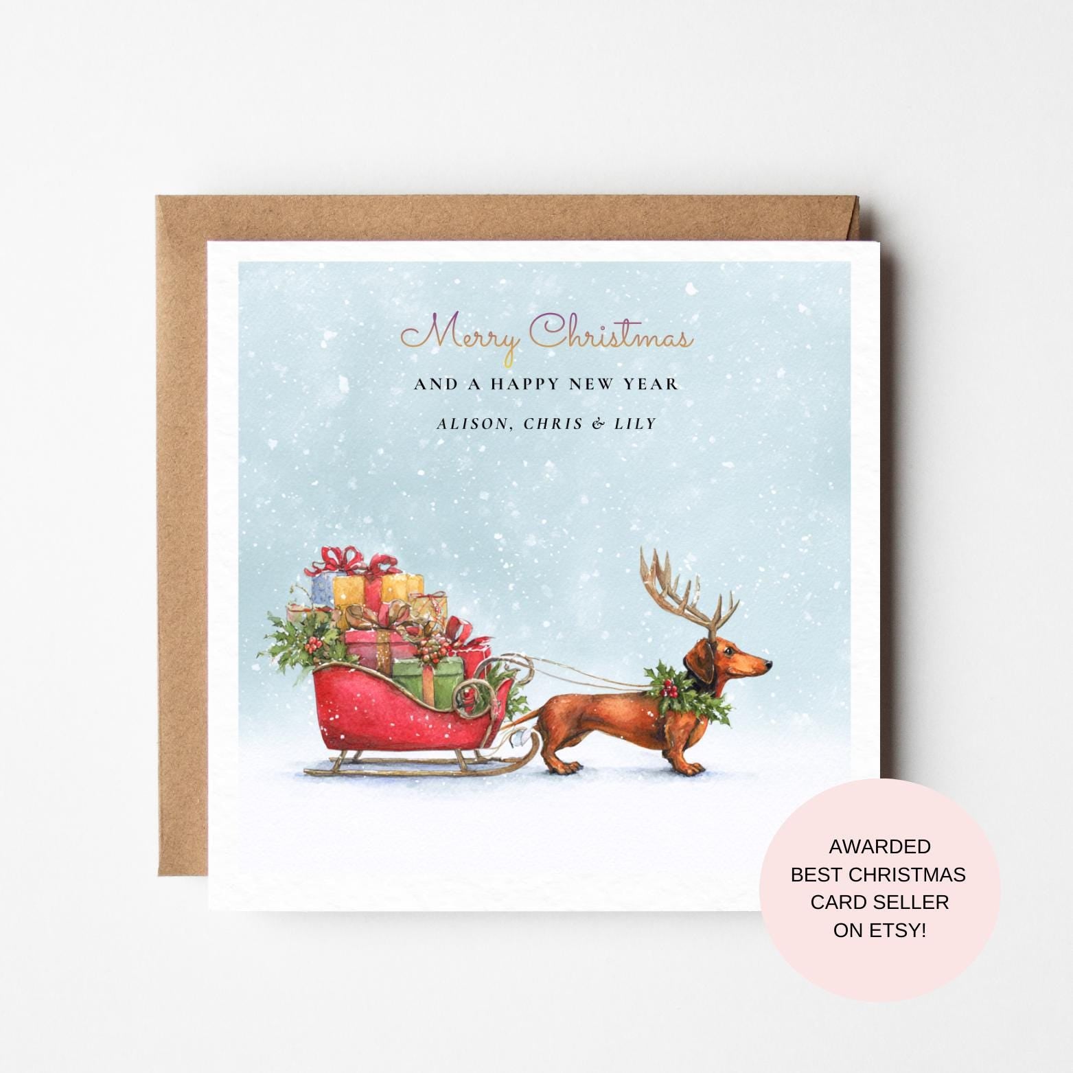 Christmas Card: Dachshund with Reindeer Sleigh