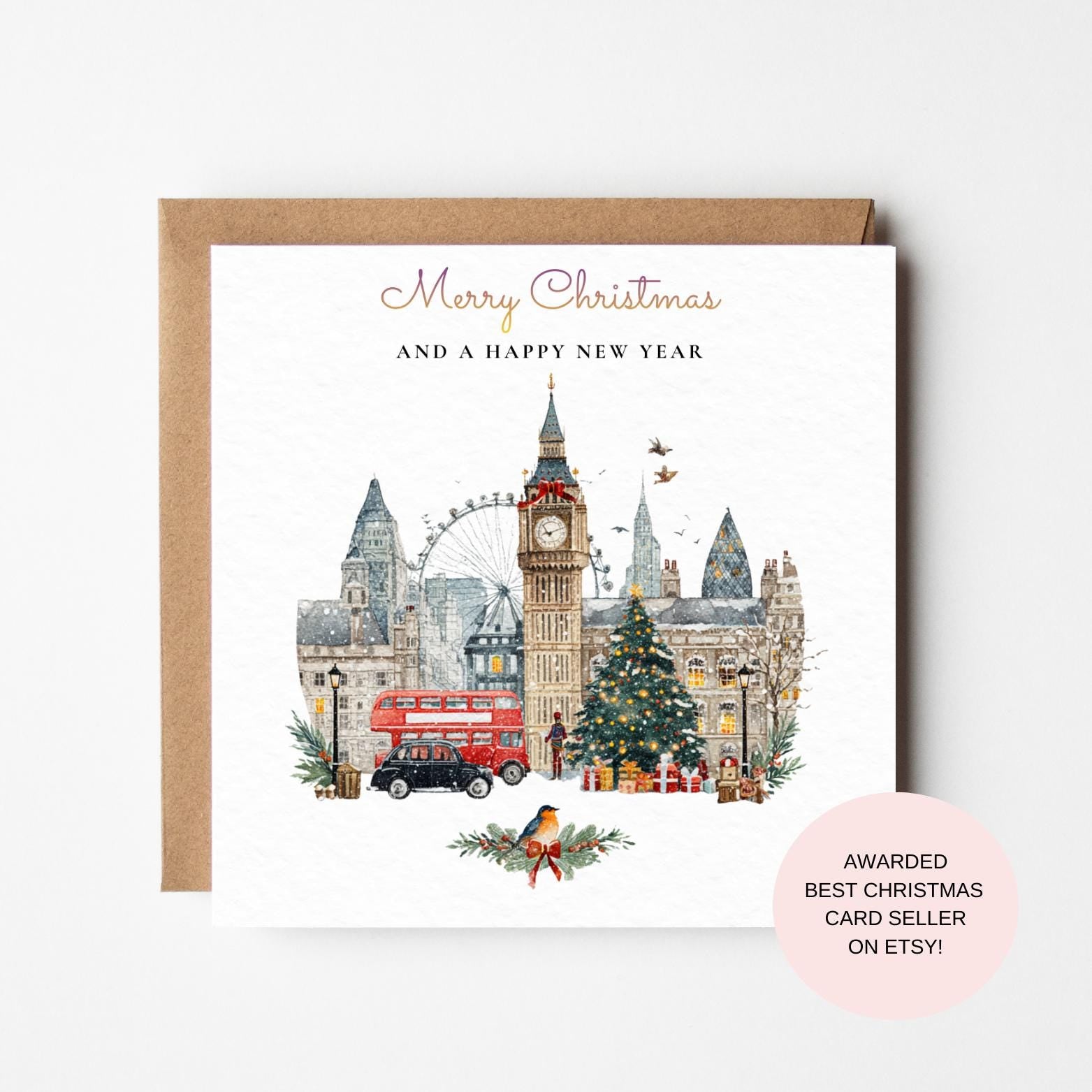 Christmas Card: London Eye and Big Ben - Snowy City Scene