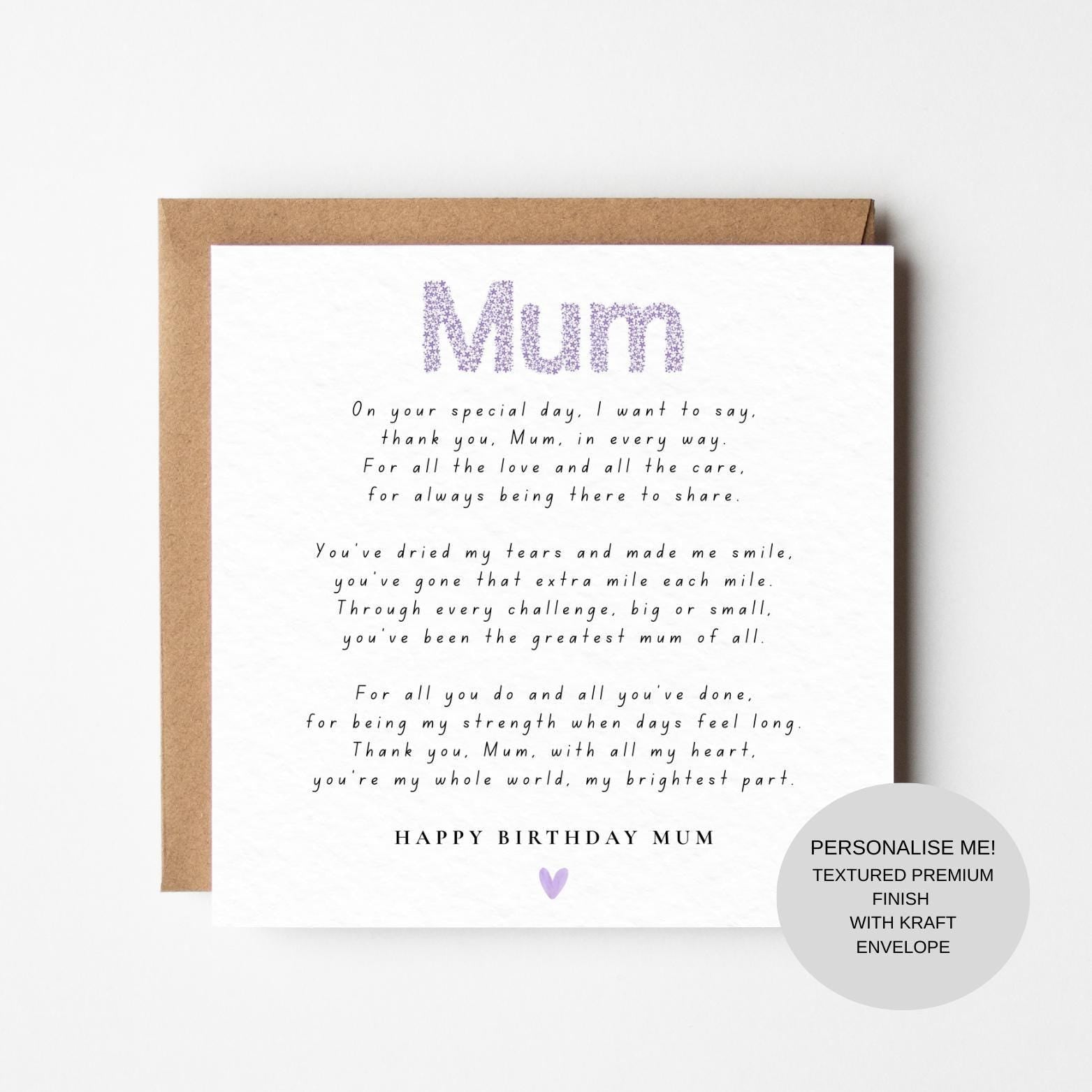 Sentimental Birthday Card for Mum | Warm Loving Words | Keepsake for Her