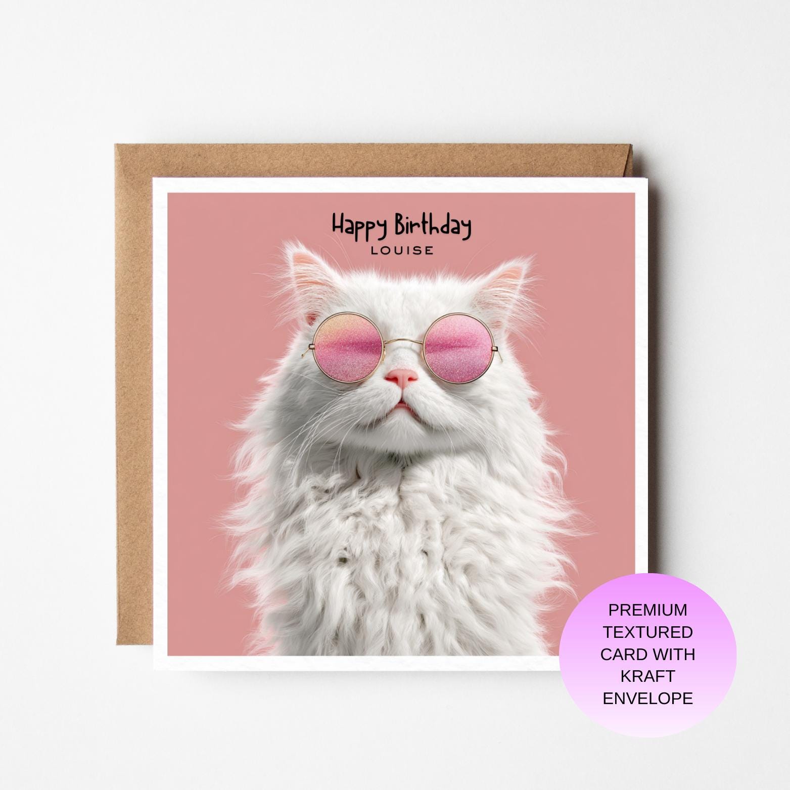 Personalized White Cat Birthday Card, Sunglasses, Textured Cardstock