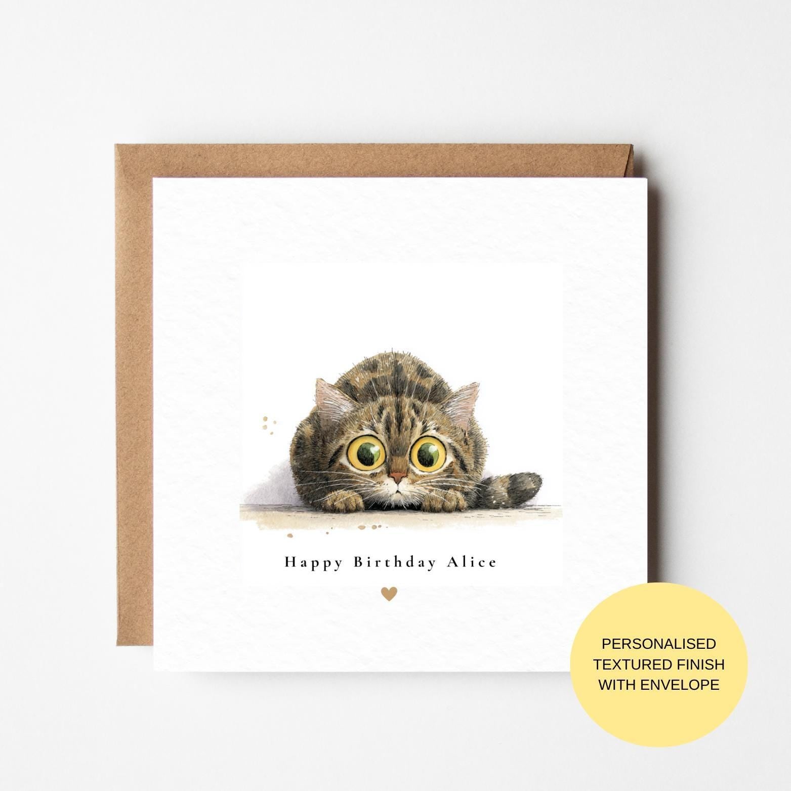 Watercolor Cat Birthday Card, Cute Illustration (Blank Inside)