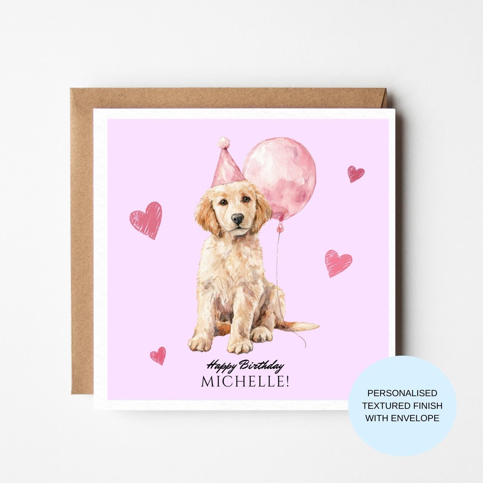Puppy Balloon Birthday Card | Golden Puppy With Party Hat & Balloon | Pink Hearts Cute Dog Card (No Front Text)