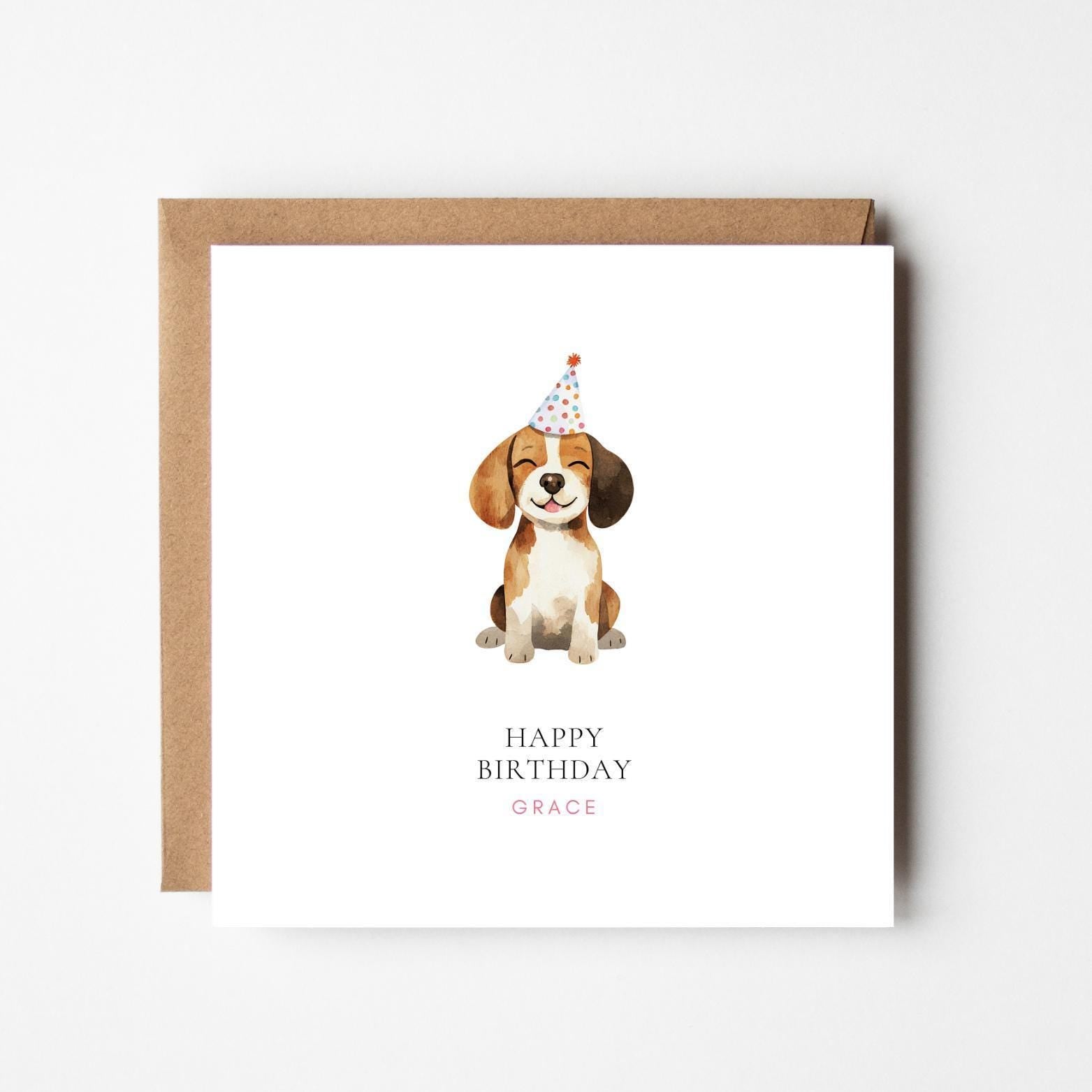 Personalised Happy Birthday Card – Beagle Puppy with Party Hat – Cute Dog Birthday Card