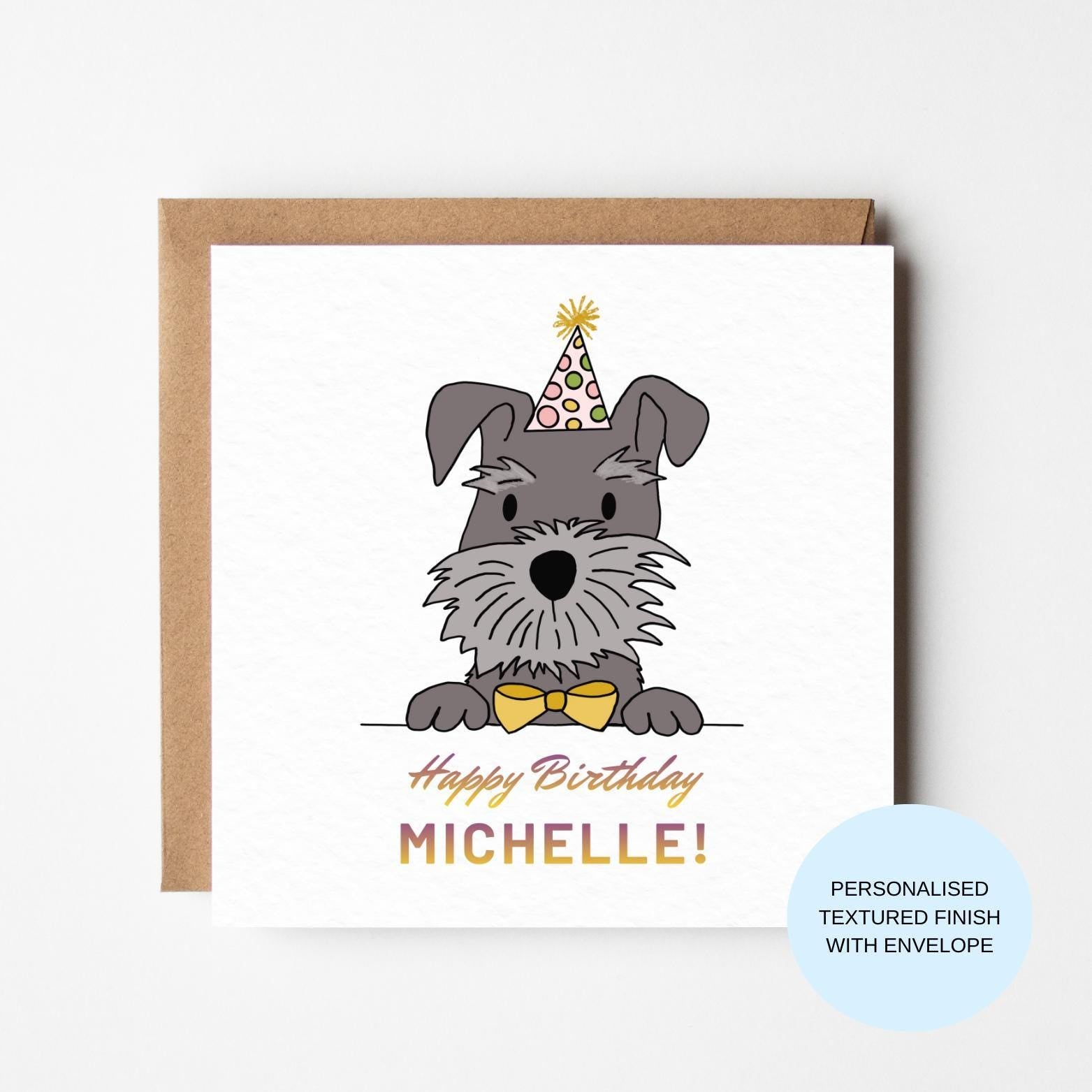 Personalised Dog Birthday Card | Schnauzer Party Hat & Bow Tie | Happy Birthday Custom Name Card