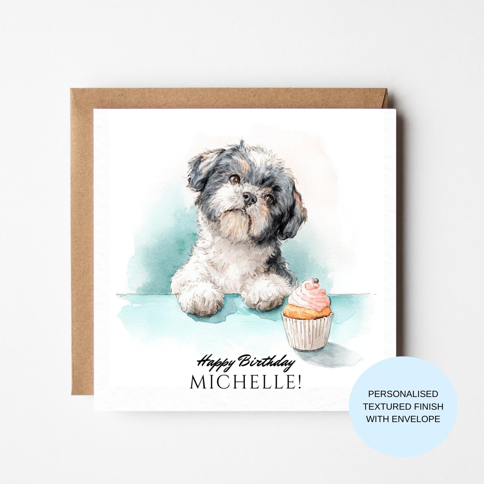 Personalised Dog Birthday Card | Fluffy Dog With Cupcake | Happy Birthday Custom Name Card