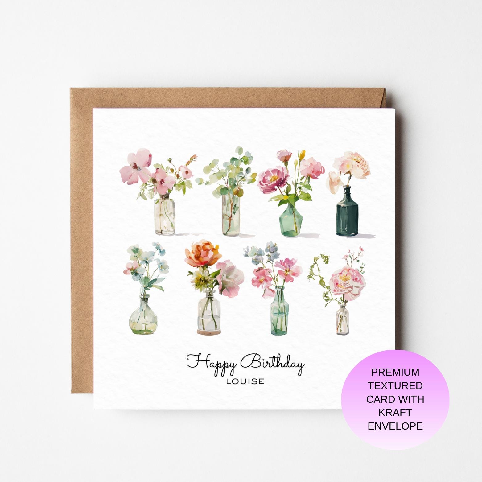 Pastel Floral Birthday Card - Elegant Vase Illustration