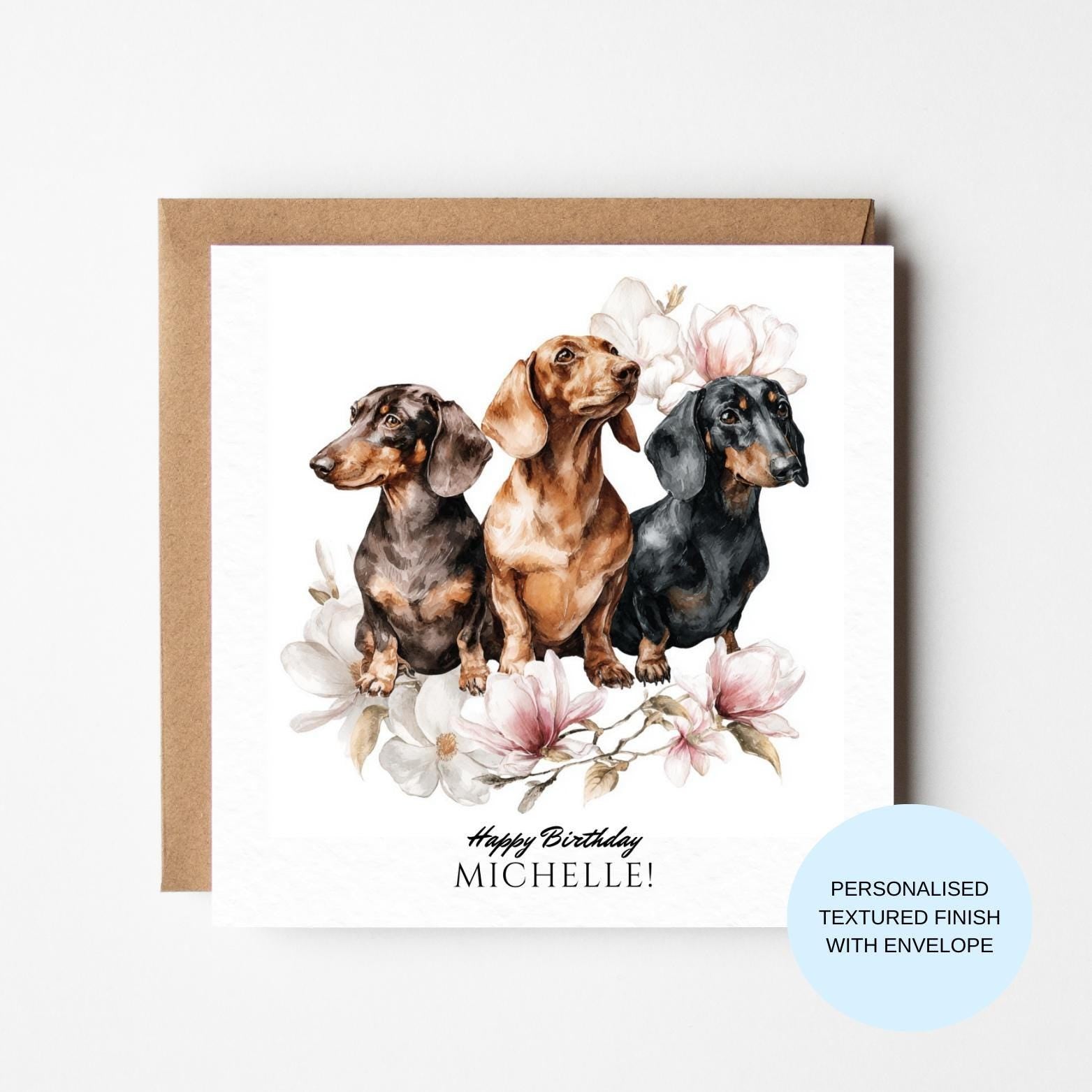 Personalised Dachshund Birthday Card | Three Sausage Dogs Floral Watercolour | Happy Birthday Custom Name Card
