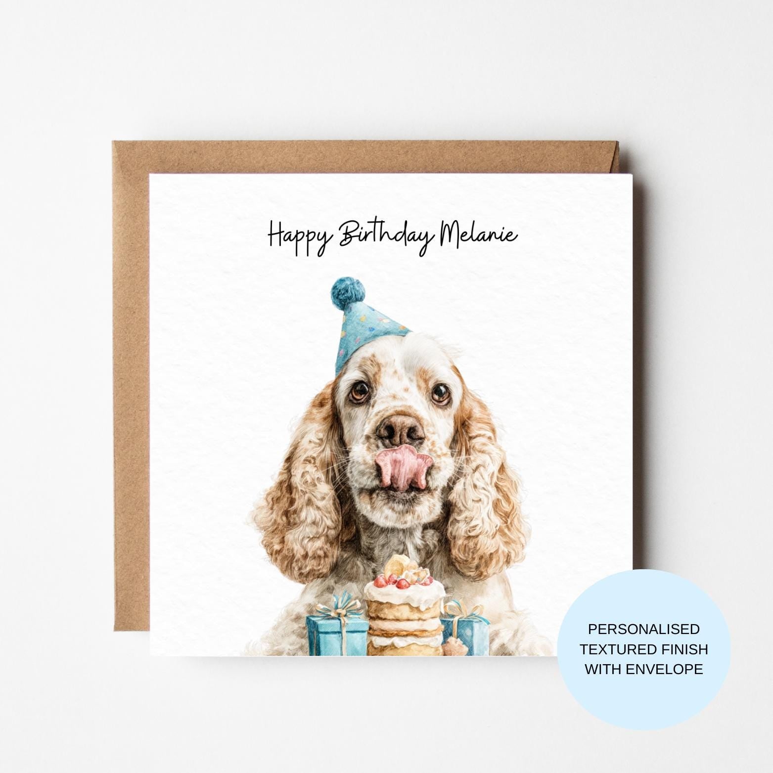 Personalised Dog Birthday Card | Dog with Cake & Party Hat | Cute Birthday Card for Her