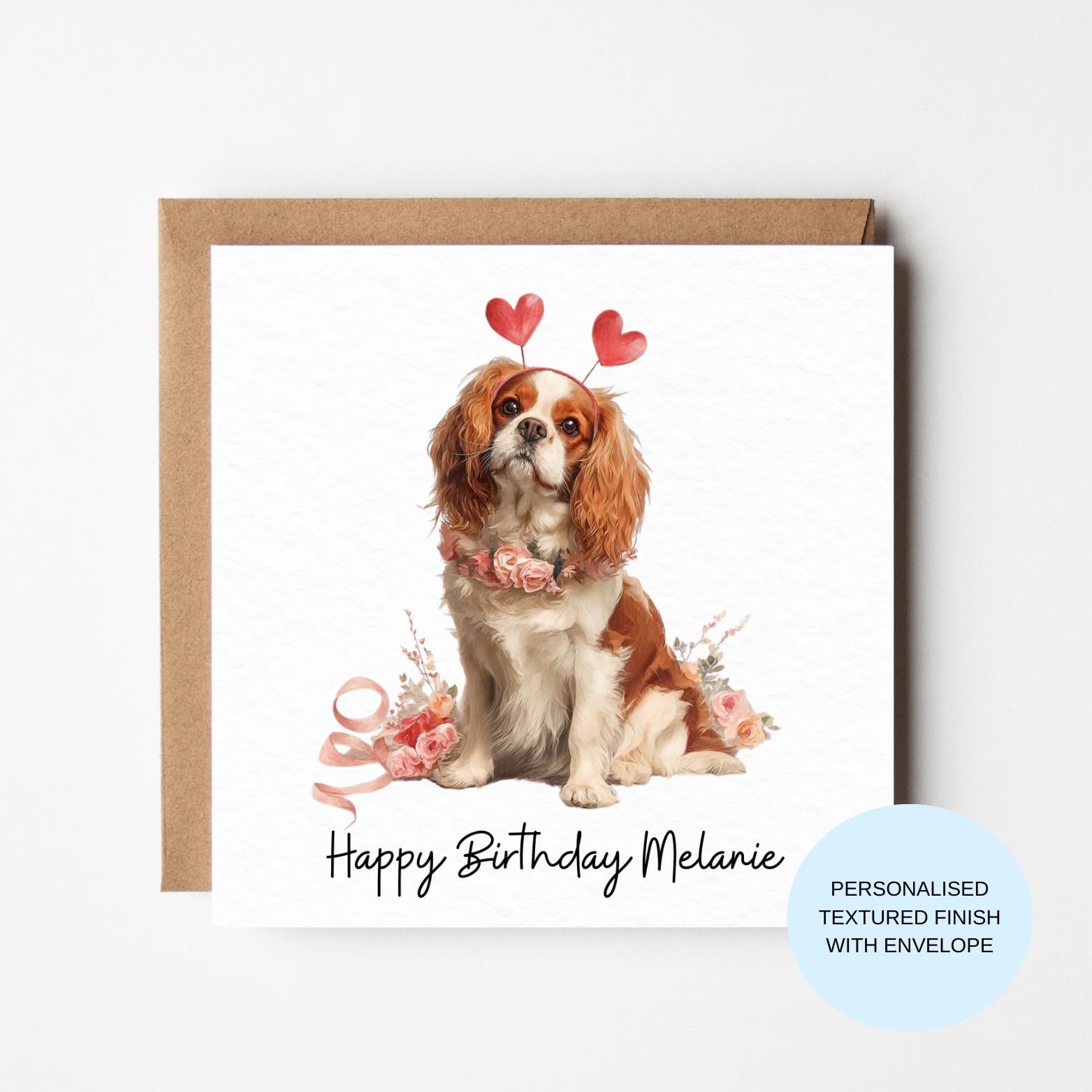 Personalised Dog Birthday Card | Spaniel with Hearts | Birthday Card for Her