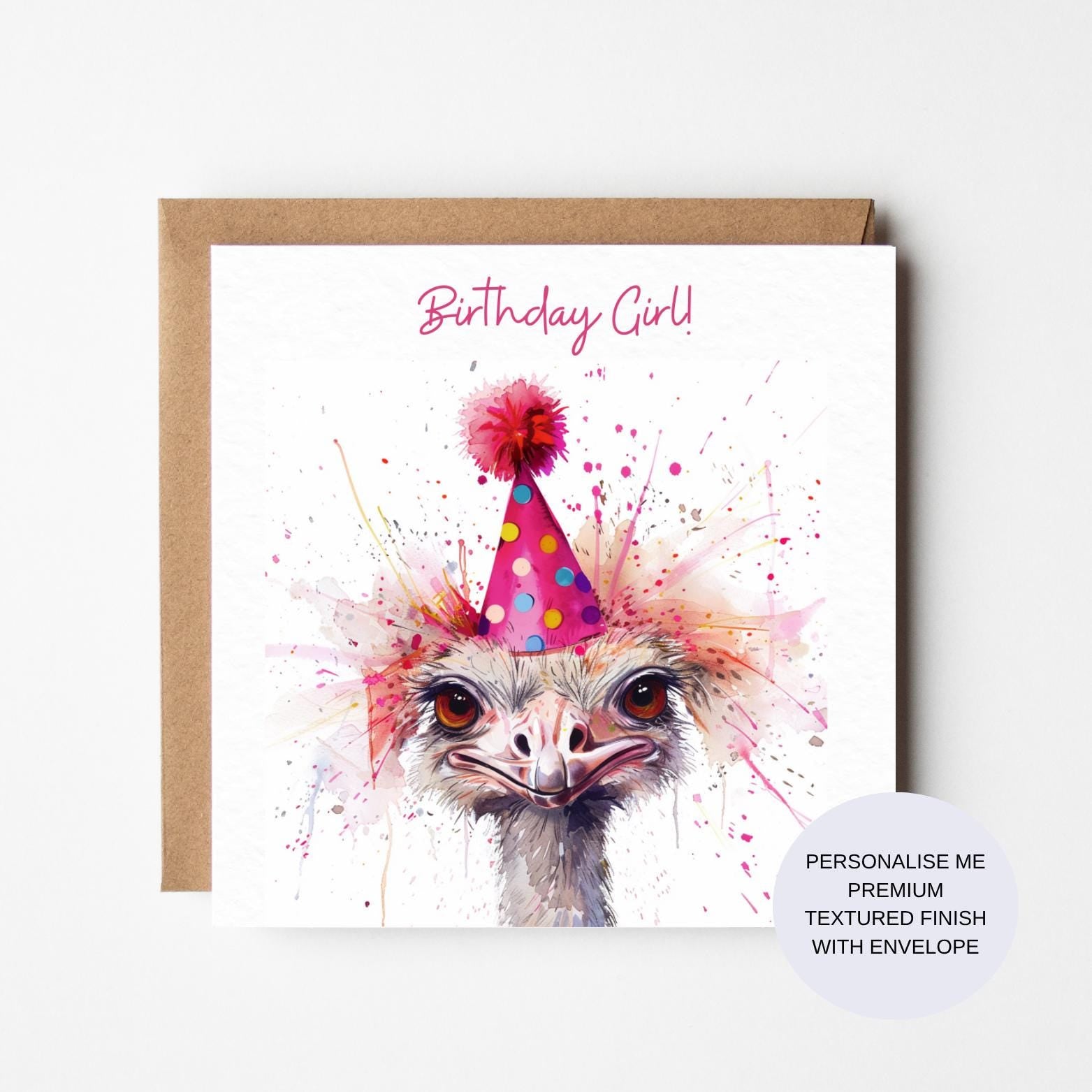 Funny Ostrich Birthday Girl Card – Quirky Animal Lover, Handmade