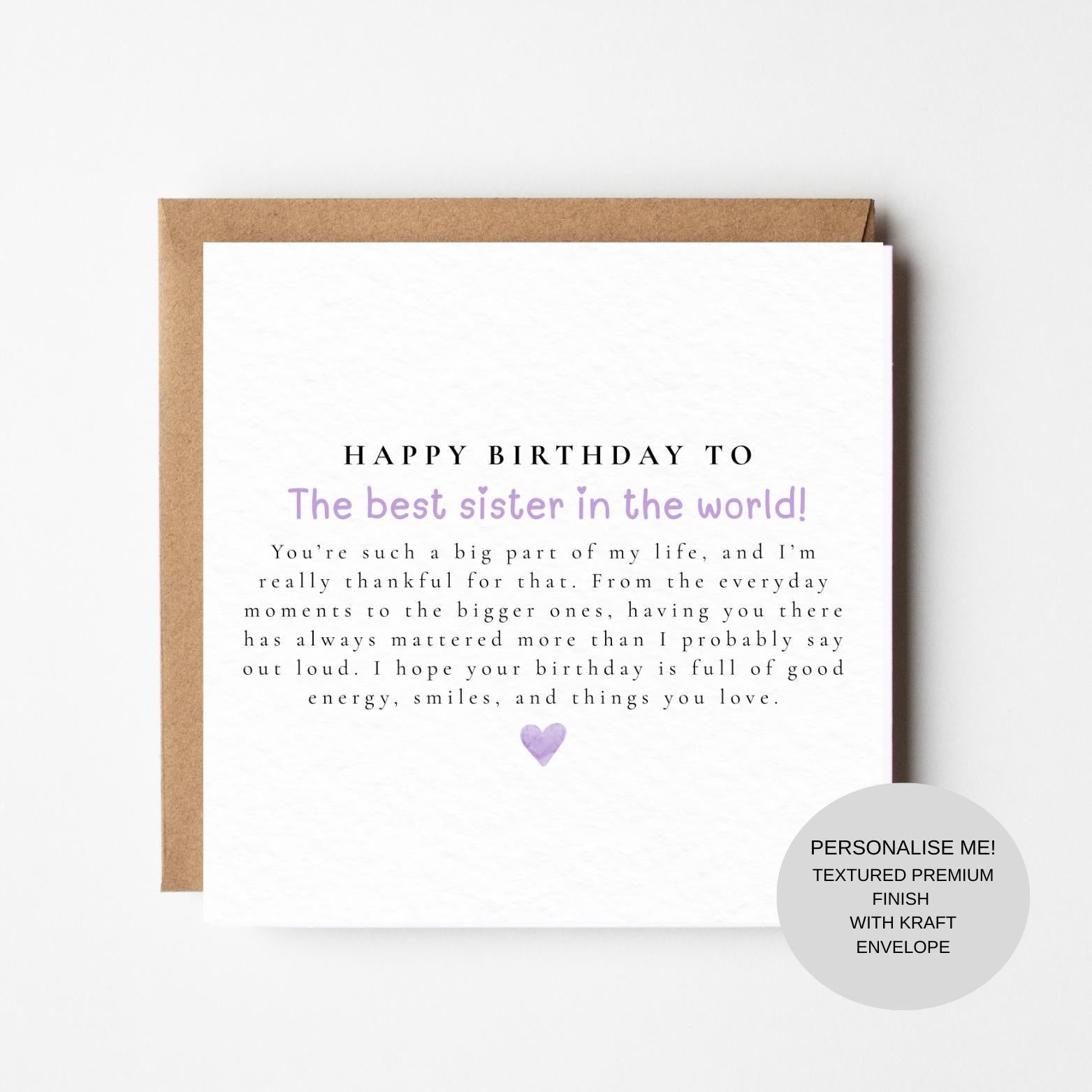Elegant Birthday Card for Sister | Heartfelt Message | Meaningful Keepsake