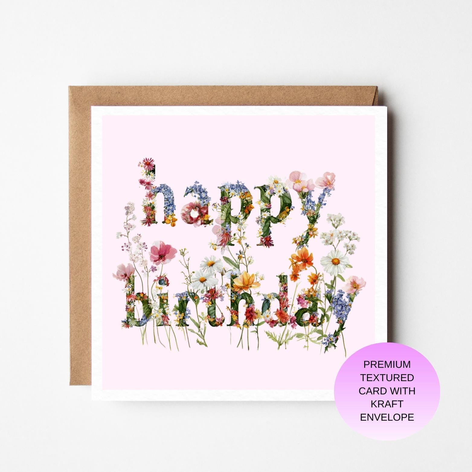 Botanical Floral Birthday Card, Colorful Typography Pastels