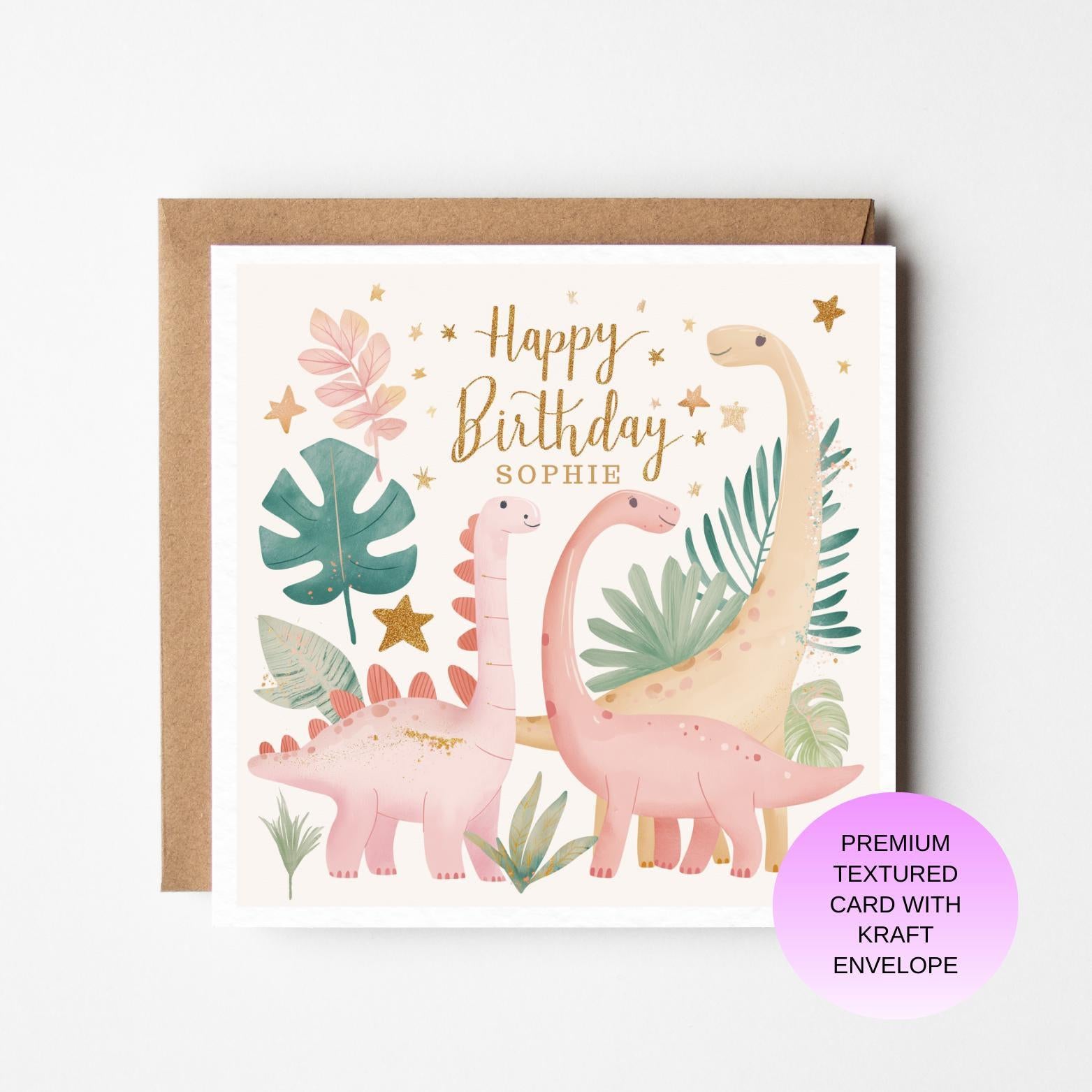 Dinosaur Birthday Card: Pastel Pink Dino for Girls Personalised