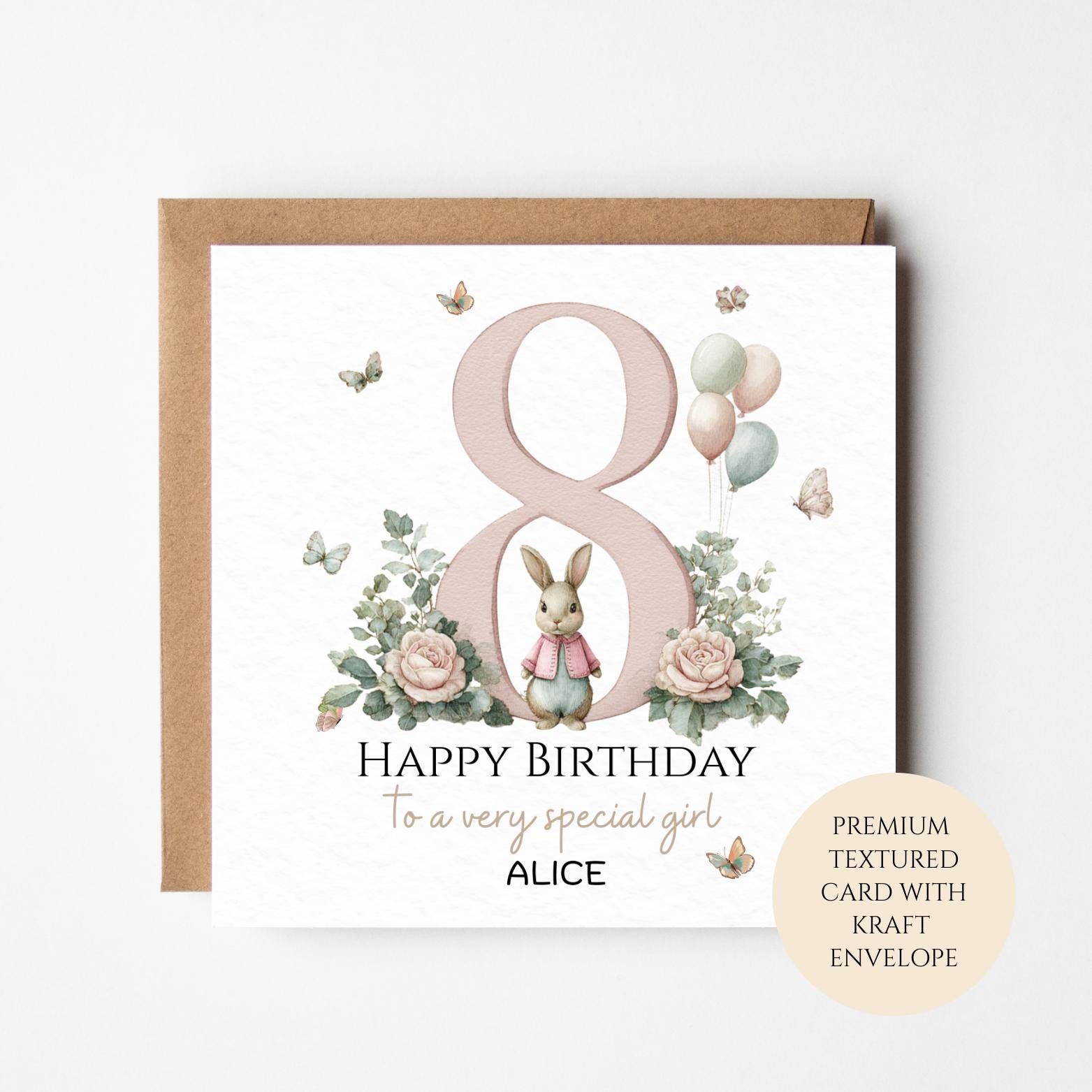 Personalised 8th Birthday Card for Girl, Bunny & Balloons, 8th Birthday Card, Custom Name