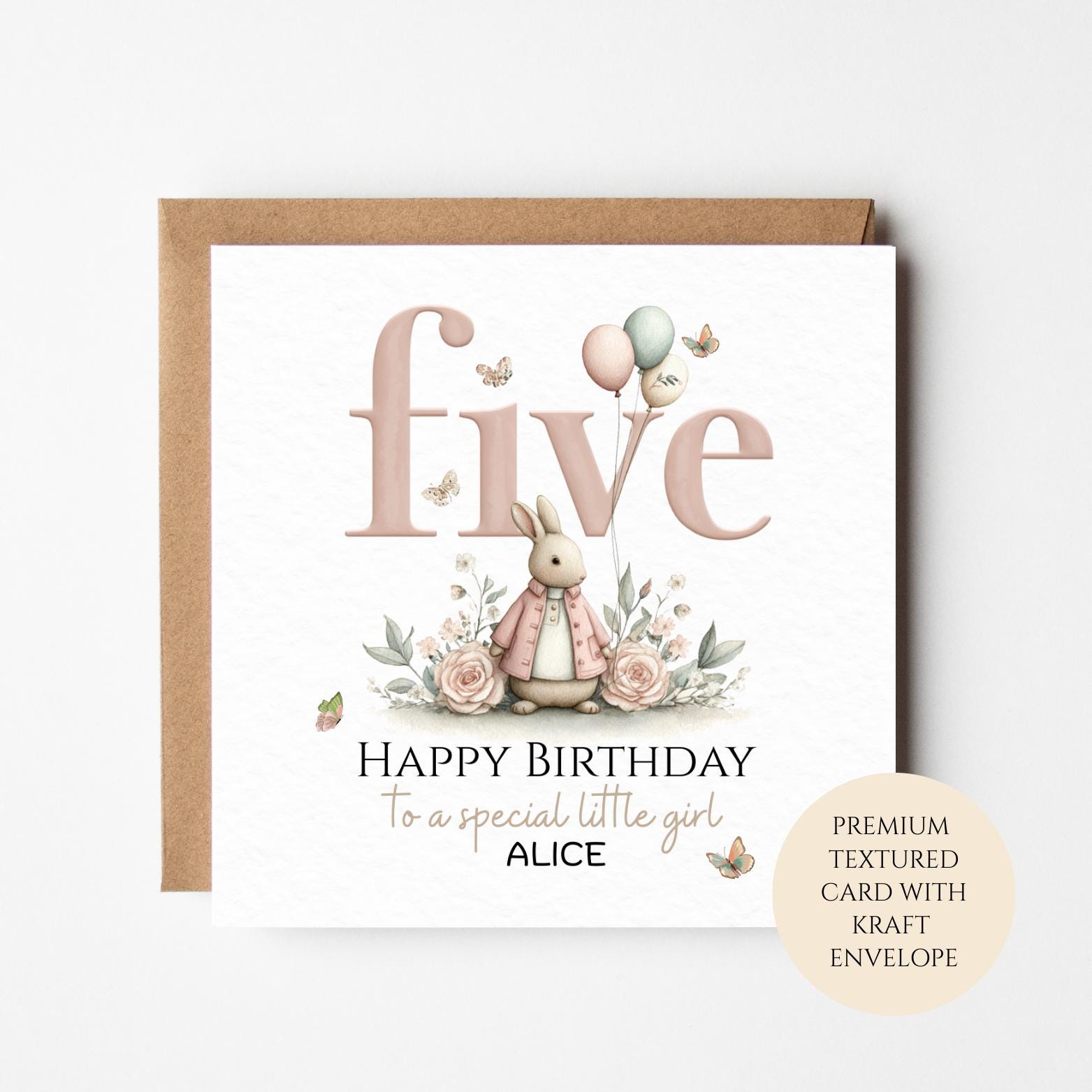 Personalised 5th Birthday Card for Girl, Bunny & Balloons, Five Birthday Card, Custom Name