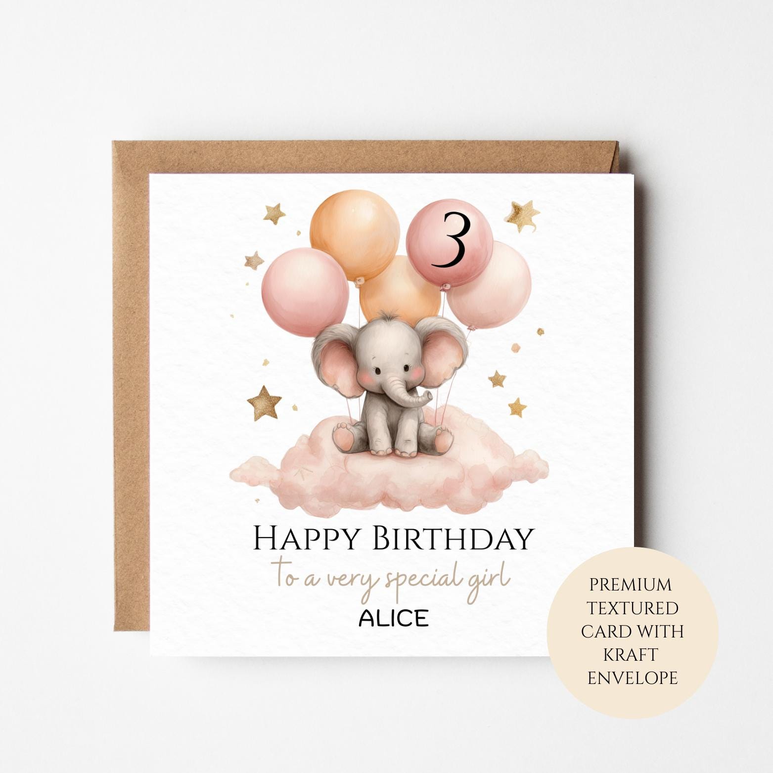 Personalised 3rd Birthday Card for Girl, Elephant Balloons on Cloud, Custom Name