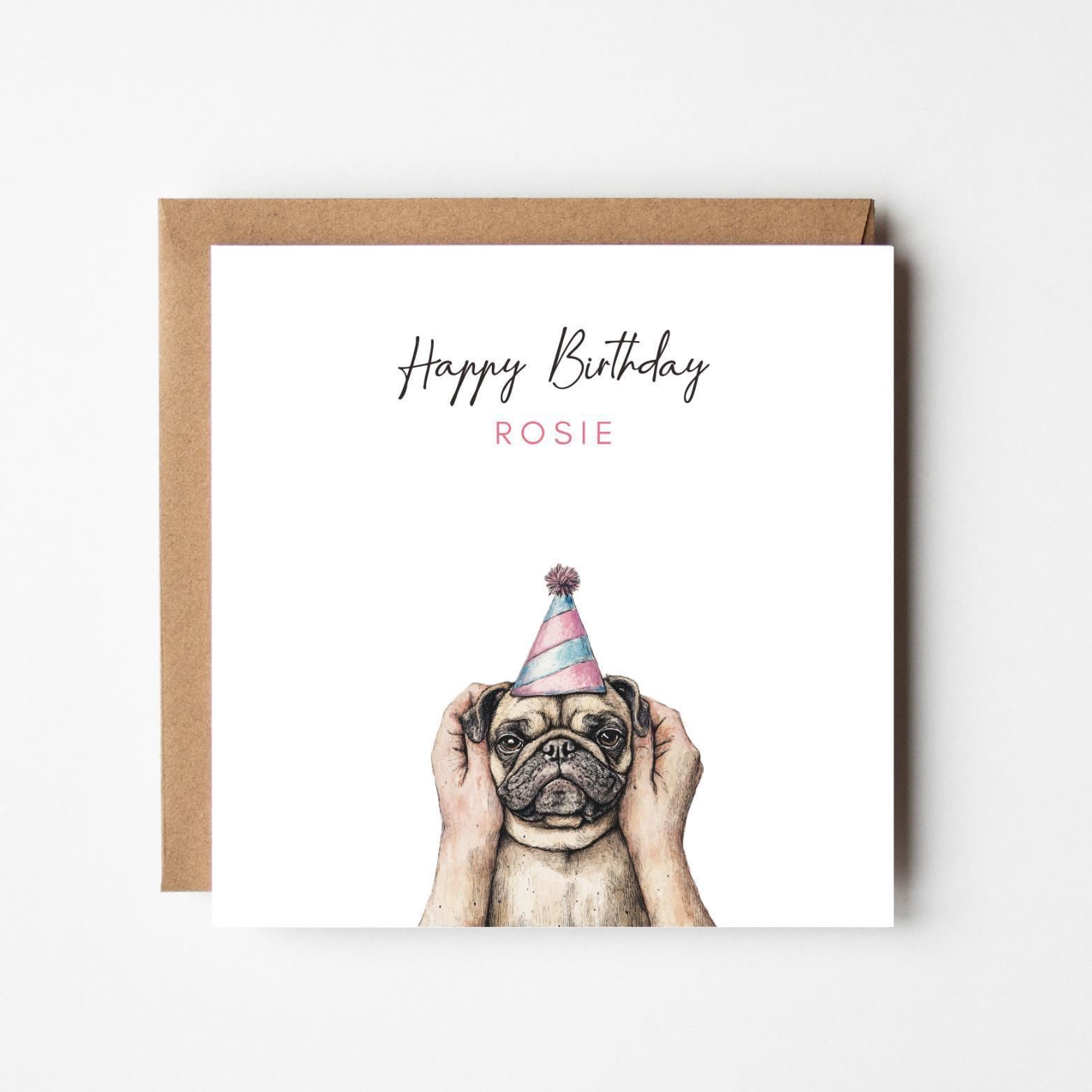 Personalised Happy Birthday Card – Watercolour Pug Dog with Party Hat – Custom Name Card