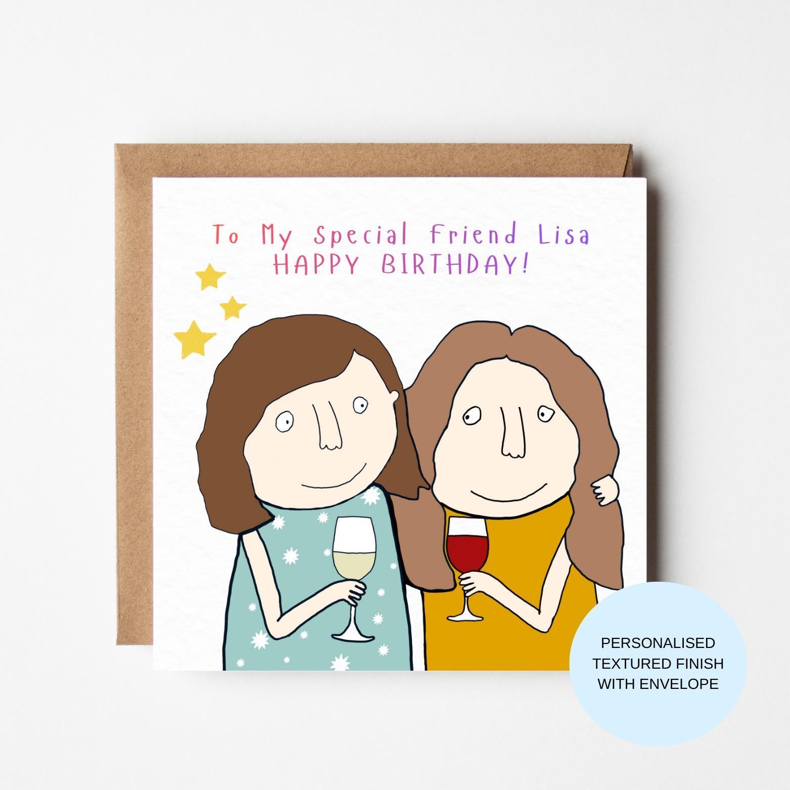 Personalised Special Friend Birthday Card | To My Special Friend Custom Name | Bestie Wine Illustration Card