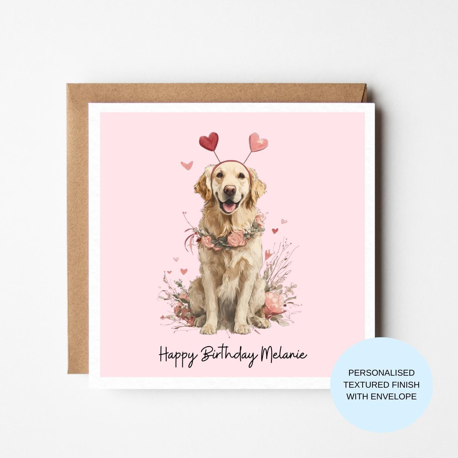 Personalised Dog Birthday Card | Golden Retriever with Hearts | Birthday Card for Her