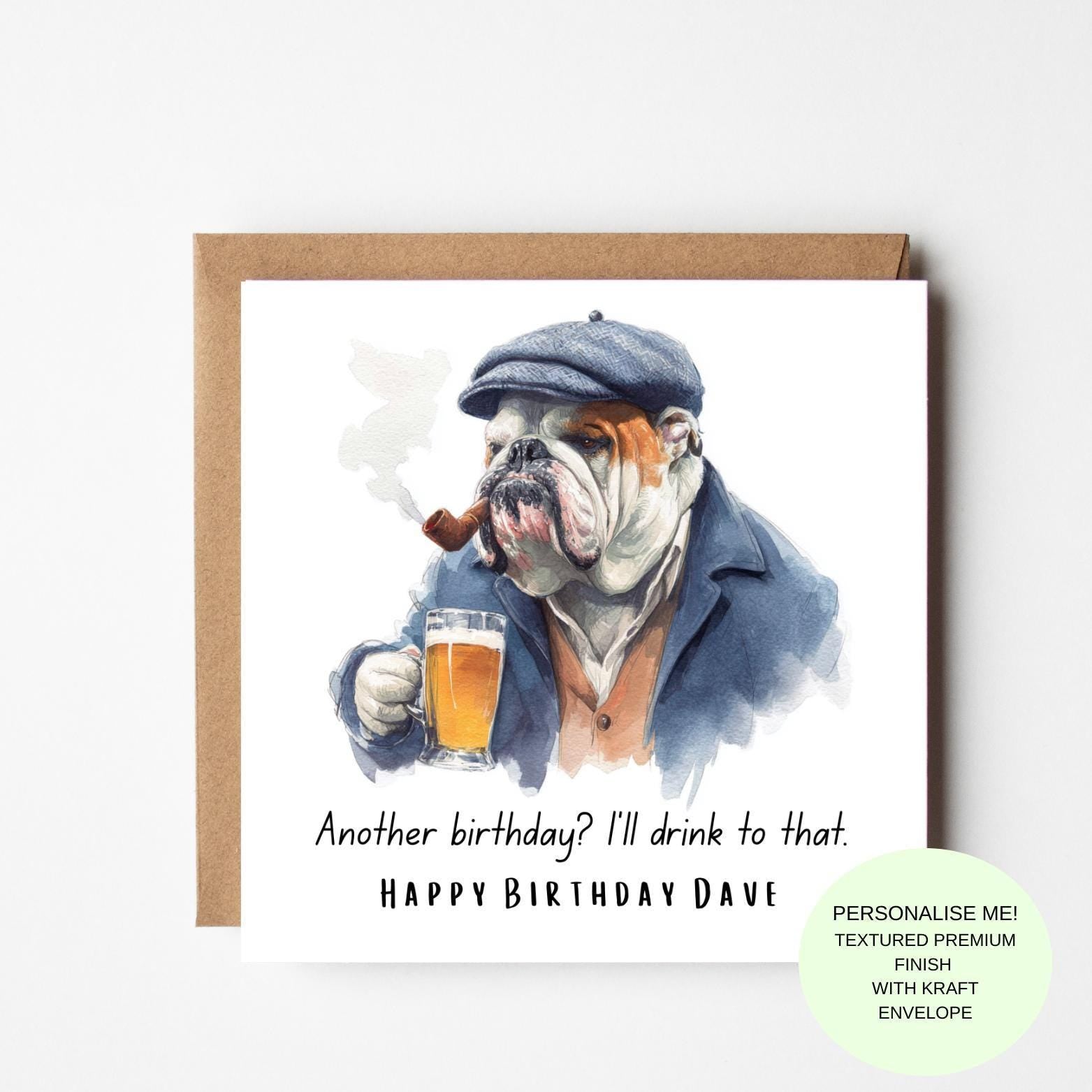 Funny Birthday Card for Him – Bulldog with Beer Blue Coat