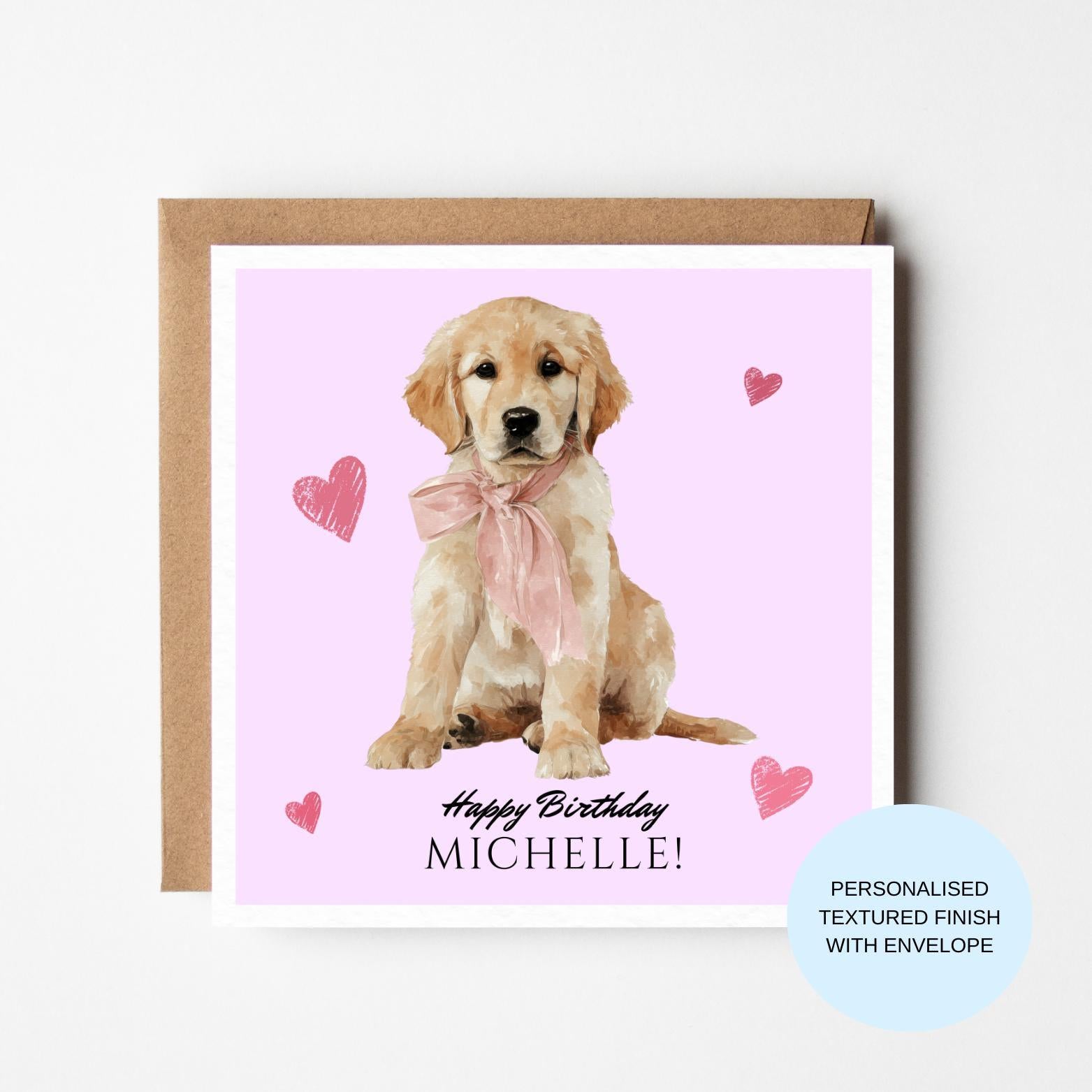 Golden Retriever Puppy Birthday Card | Puppy With Big Pink Bow | Pink Hearts Cute Dog Card (No Front Text)