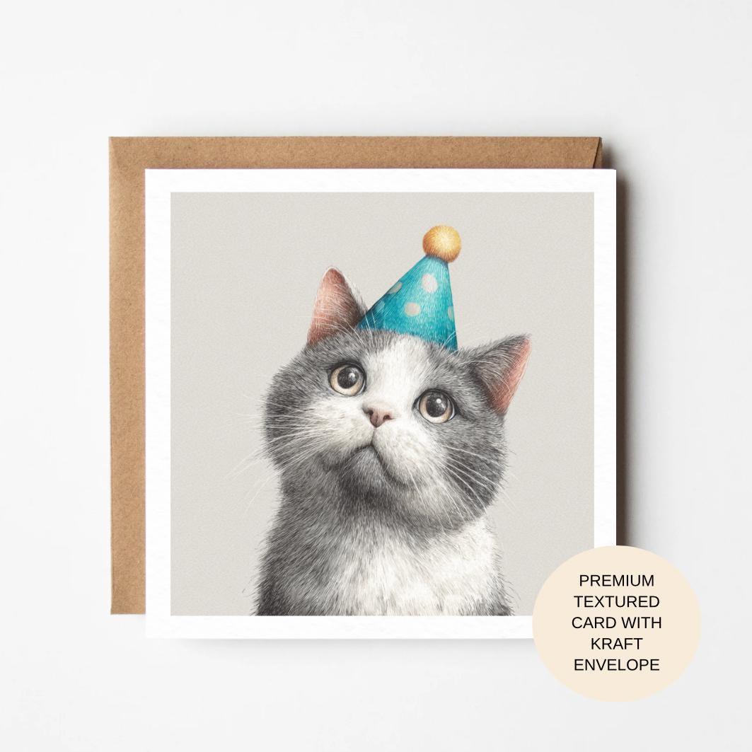 Grey Cat Birthday Card with Party Hat | Premium Blank Animal Birthday Card for Her Mum Sister Friend