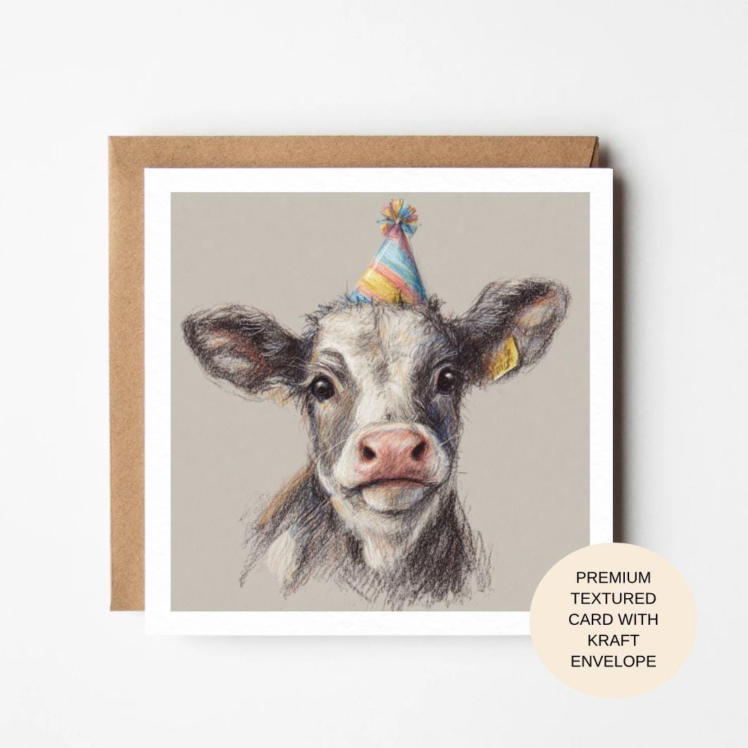 Cow Birthday Card with Party Hat | Premium Blank Animal Birthday Card for Her Mum Sister Friend