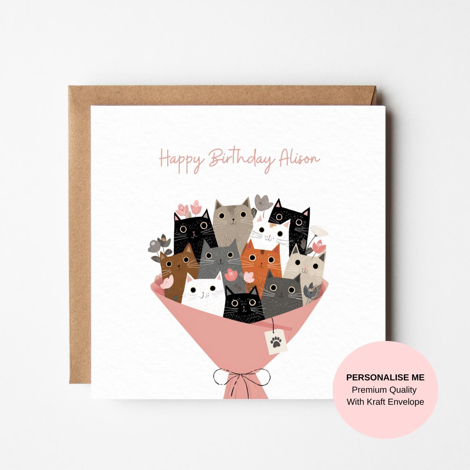 Cat Birthday Card - Fun Cat Bouquet with Personalised Option