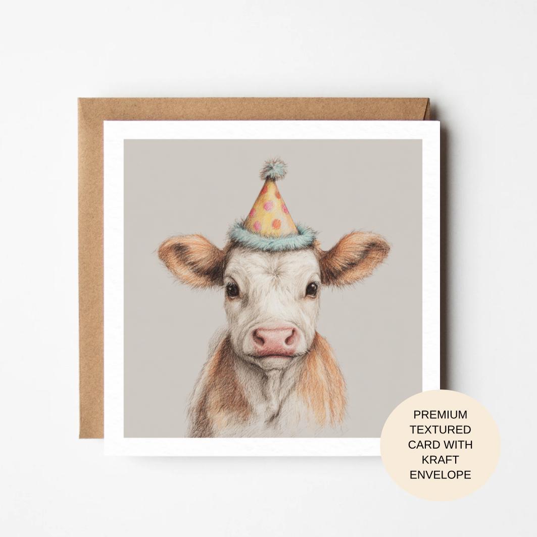 Calf Birthday Card with Party Hat | Premium Cow Blank Animal Birthday Card for Her Mum Sister Friend