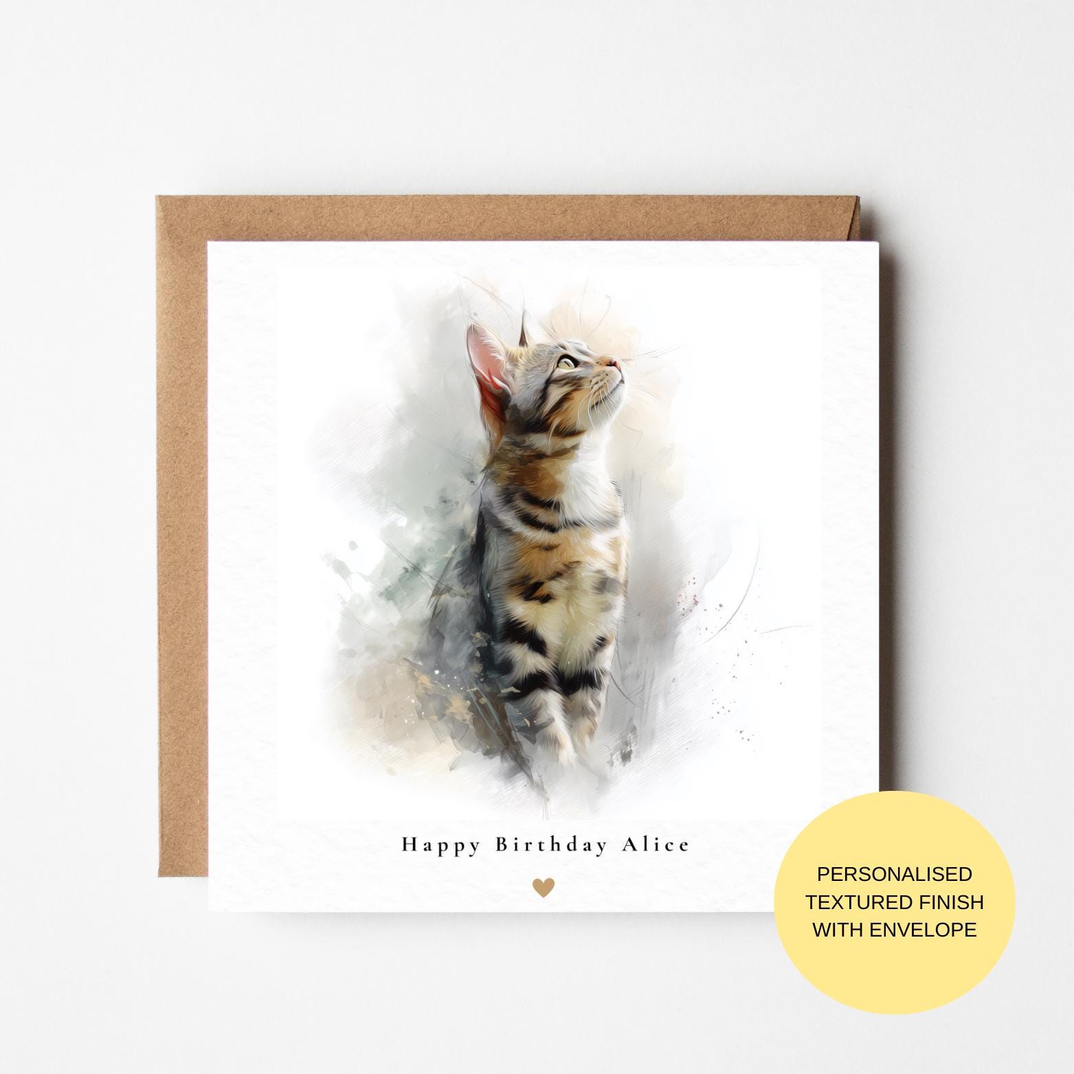 Cat Lover Birthday Card, Watercolor Sitting Kitten (Blank Inside, 150mm)