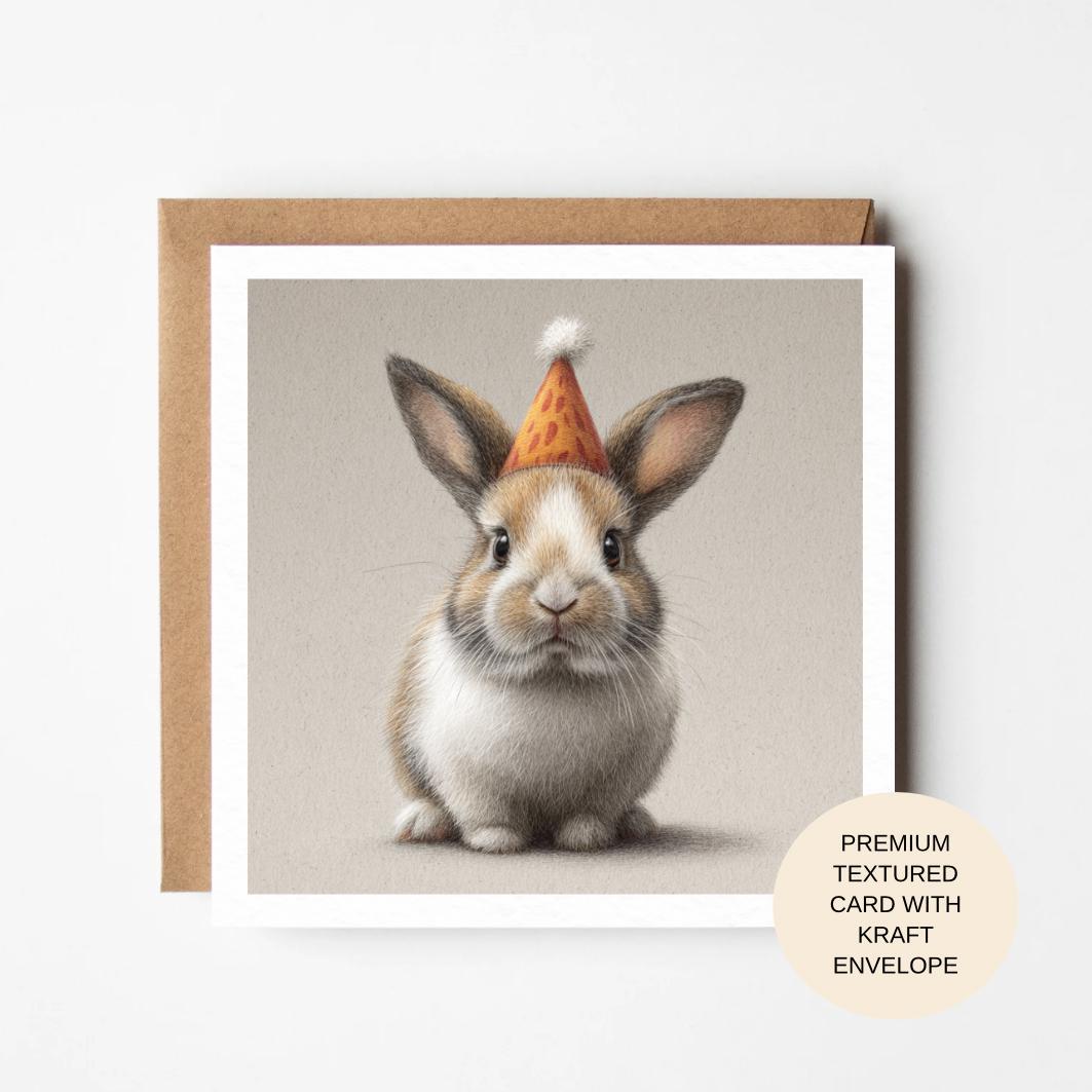 Brown Bunny Birthday Card with Party Hat | Premium Blank Animal Birthday Card for Her Mum Sister Friend