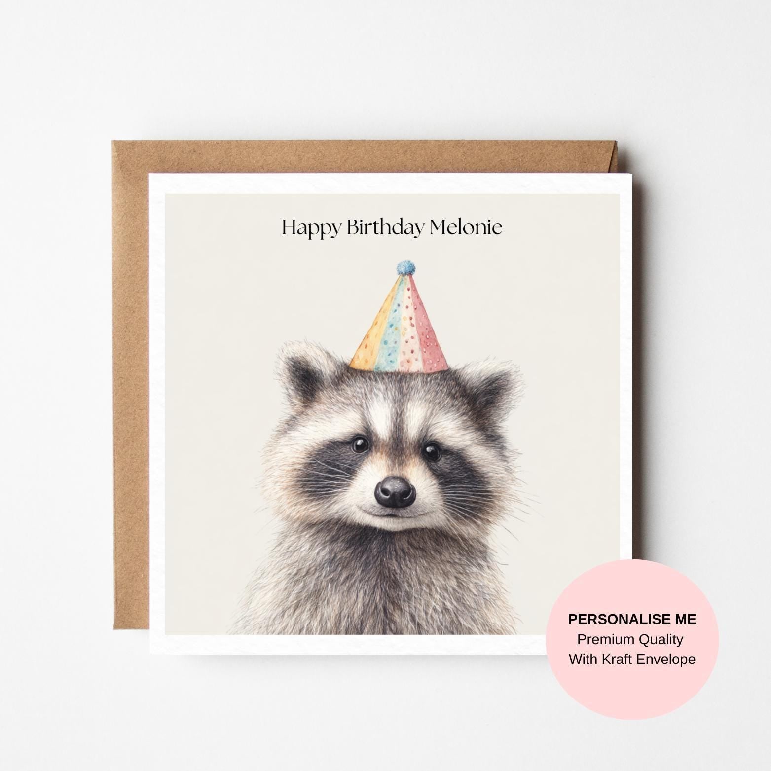 Cute Raccoon Birthday Card: Illustrated Animal with Party Hat